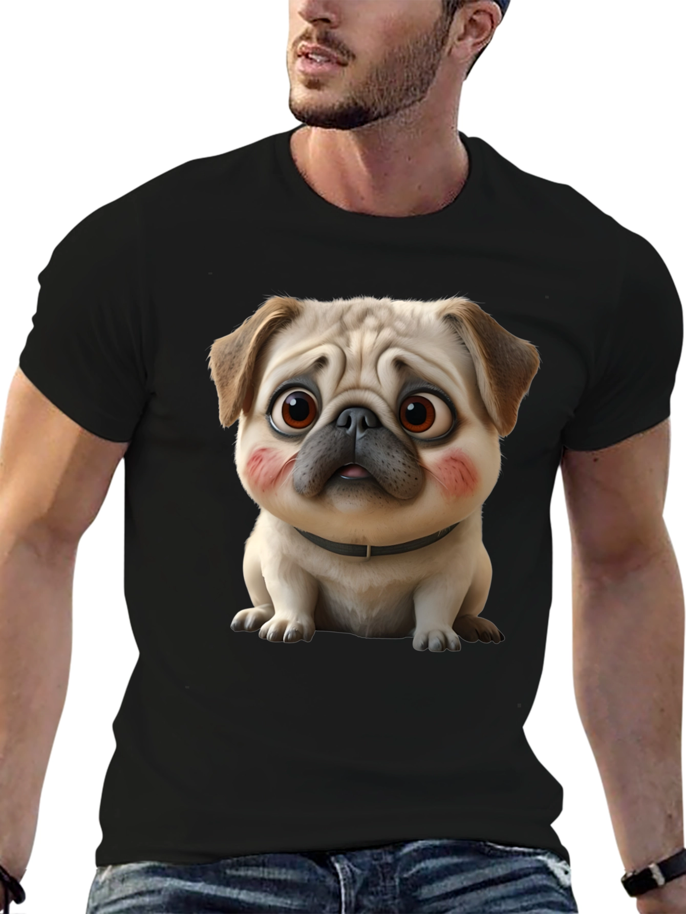 Cute Cartoon Pug Dog Black T-Shirt