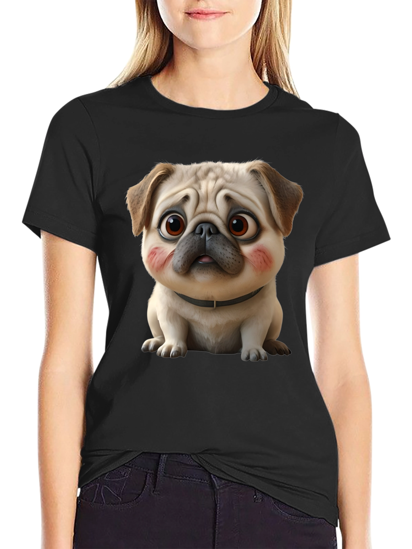 Cute Cartoon Pug Dog Black T-Shirt