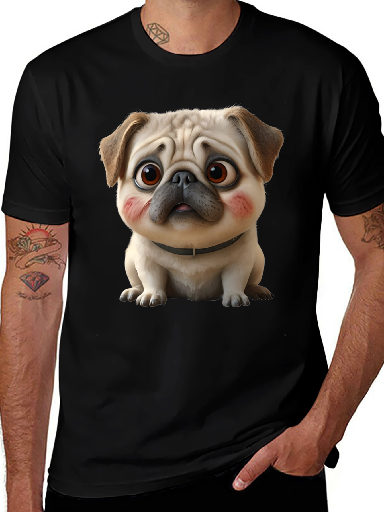 Cute Cartoon Pug Dog Black T-Shirt