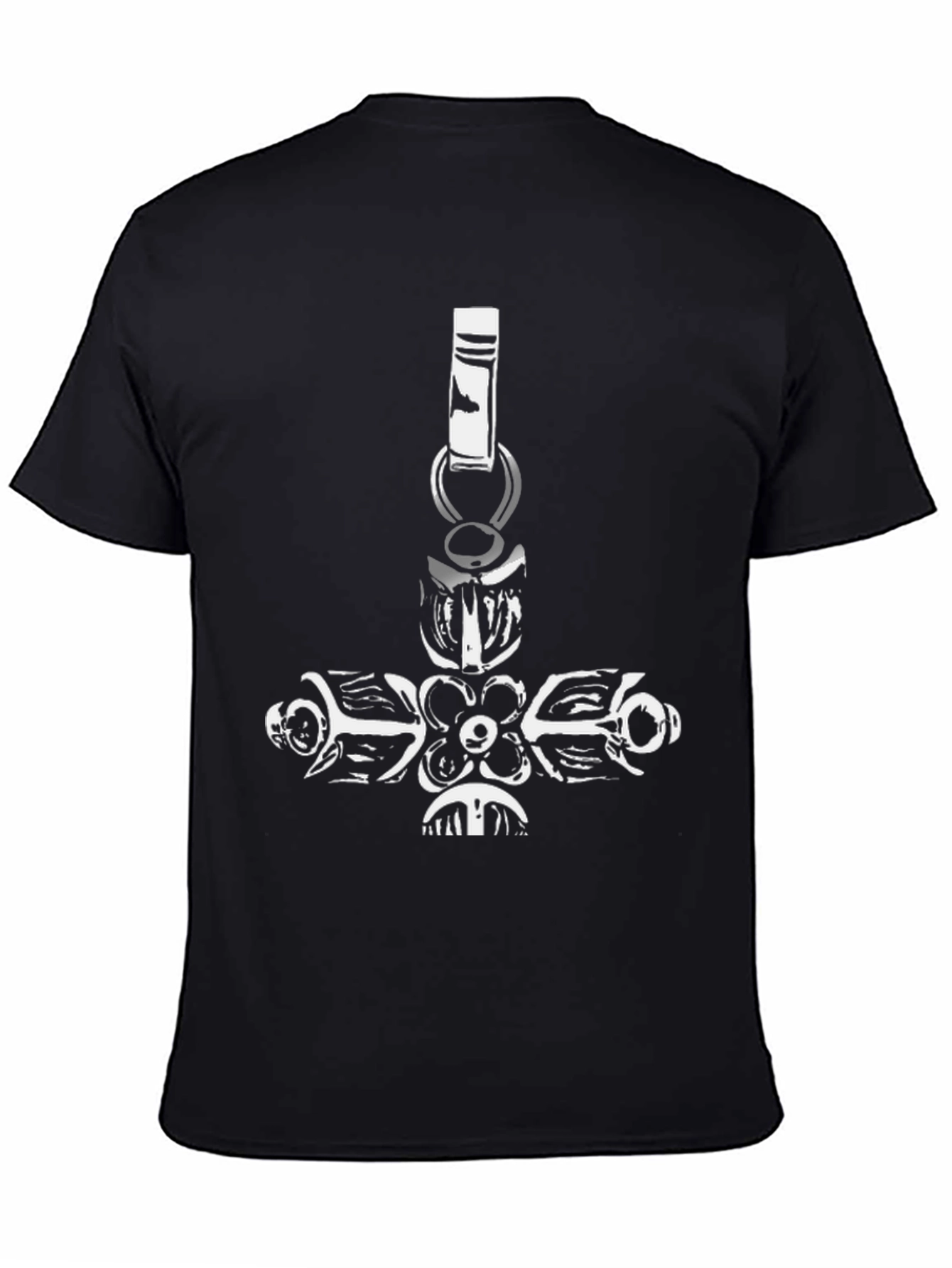 Black Graphic Tee with Hammer Pendant Design