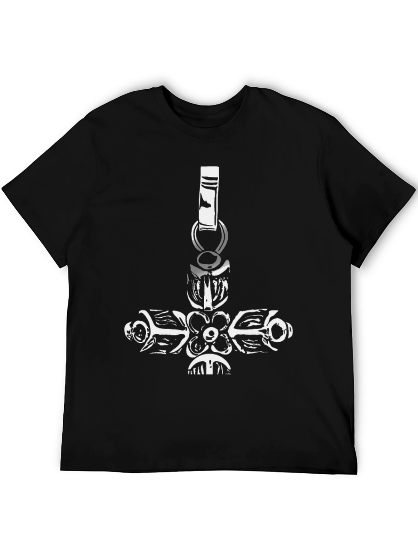 Black Graphic Tee with Hammer Pendant Design