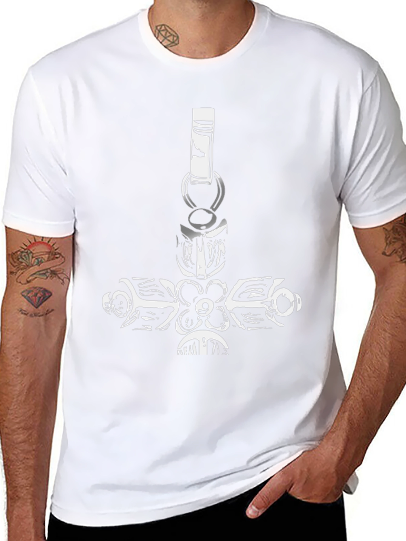 Black Graphic Tee with Hammer Pendant Design