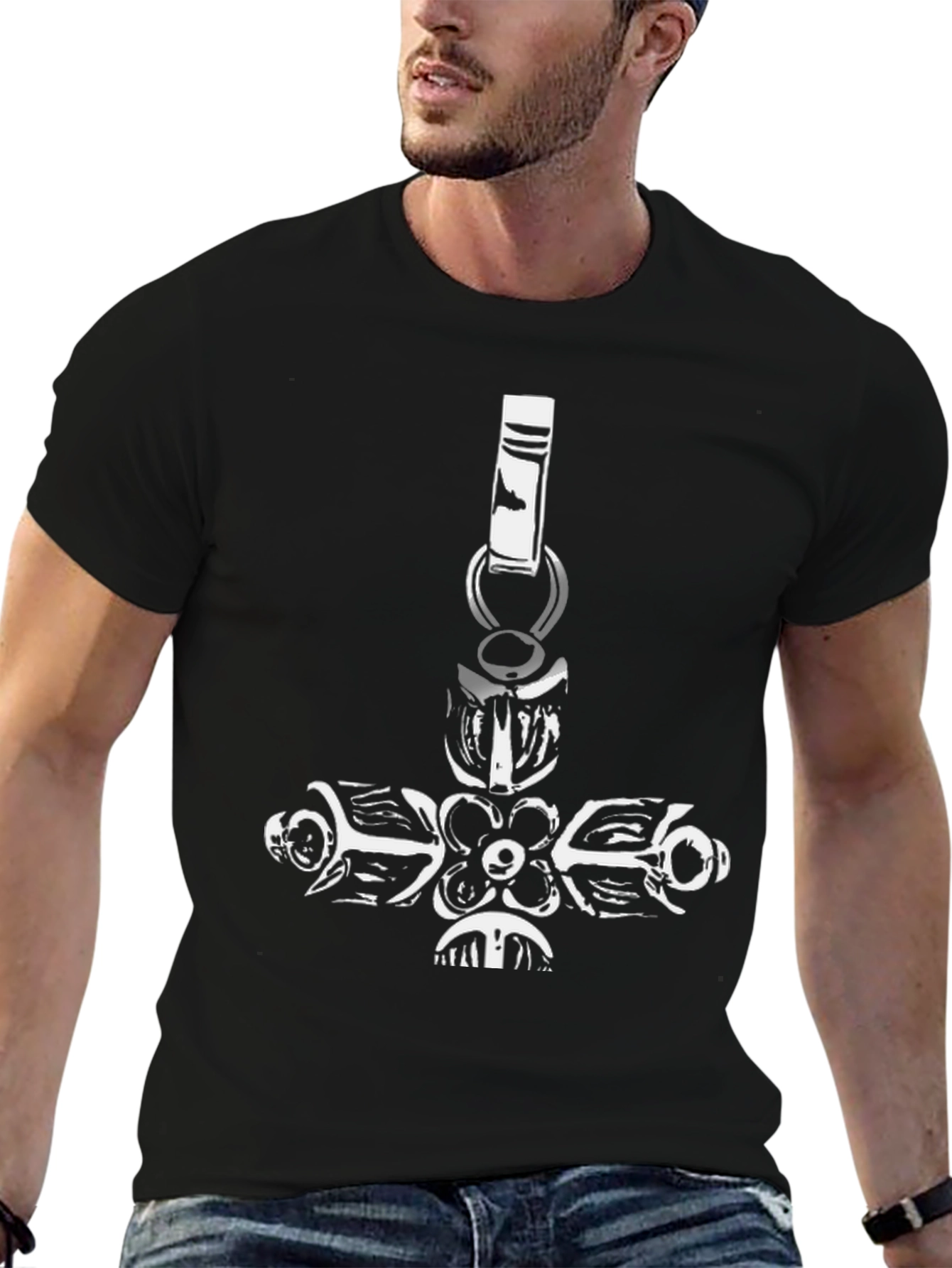 Black Graphic Tee with Hammer Pendant Design