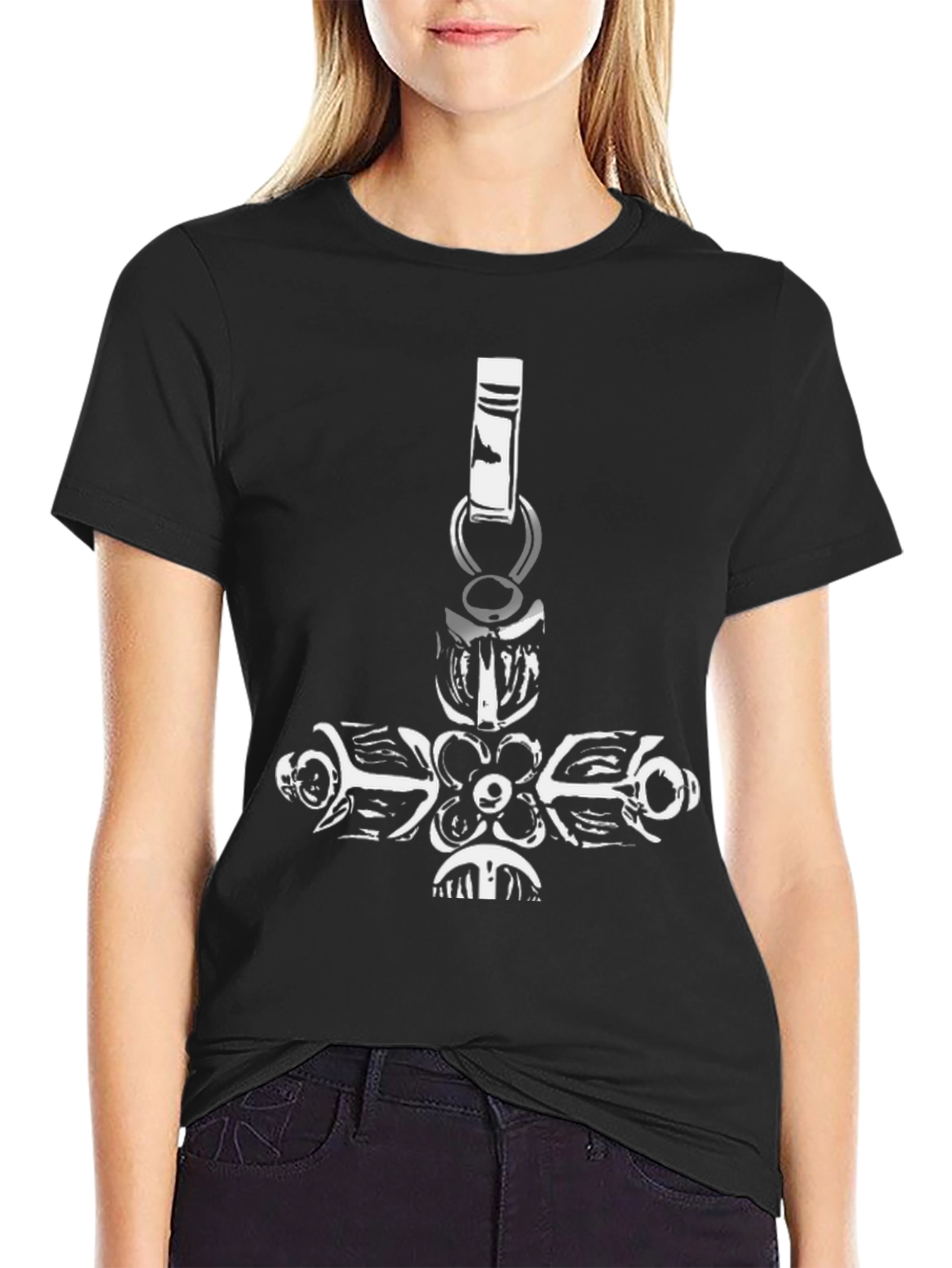 Black Graphic Tee with Hammer Pendant Design