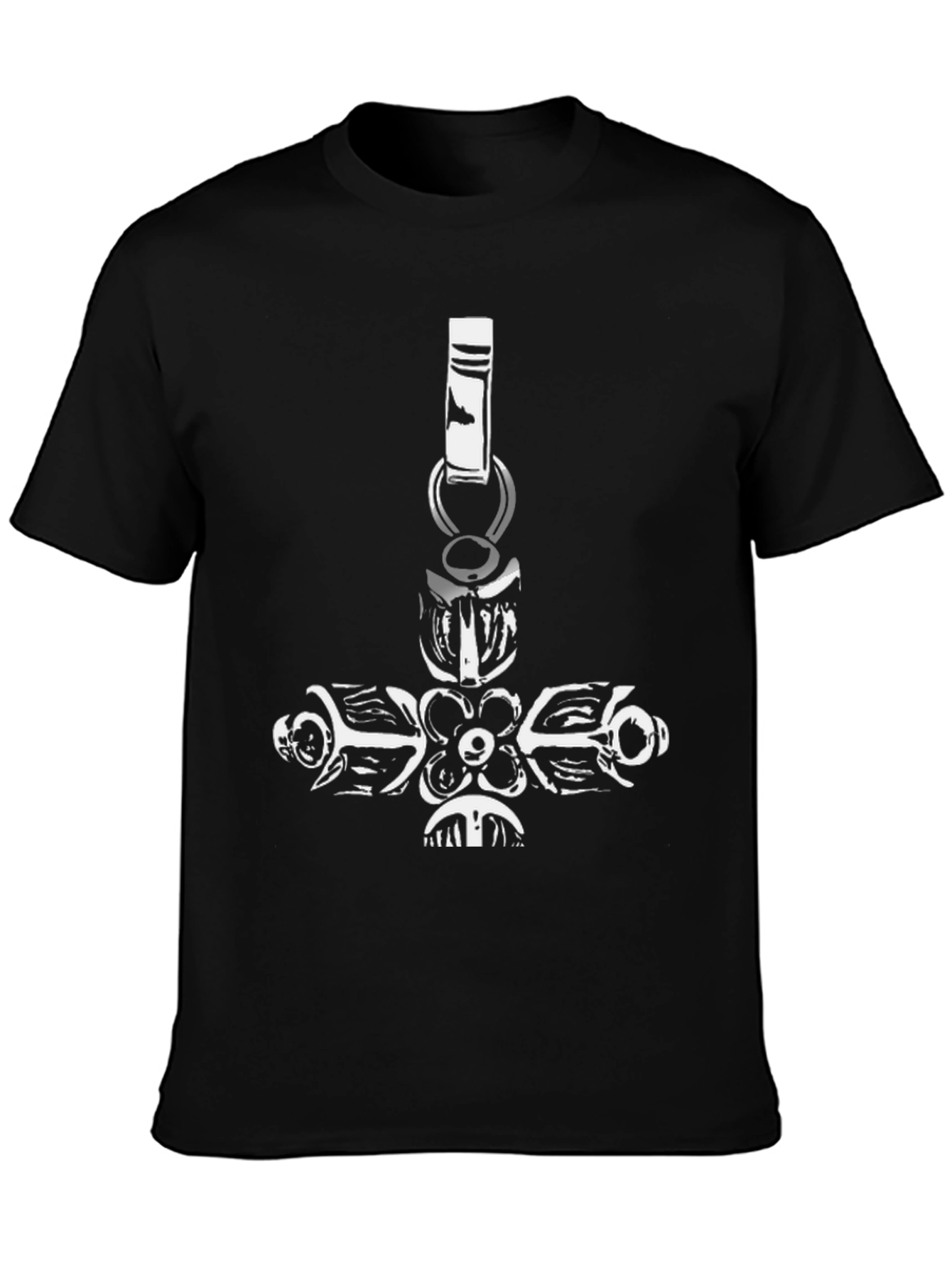 Black Graphic Tee with Hammer Pendant Design