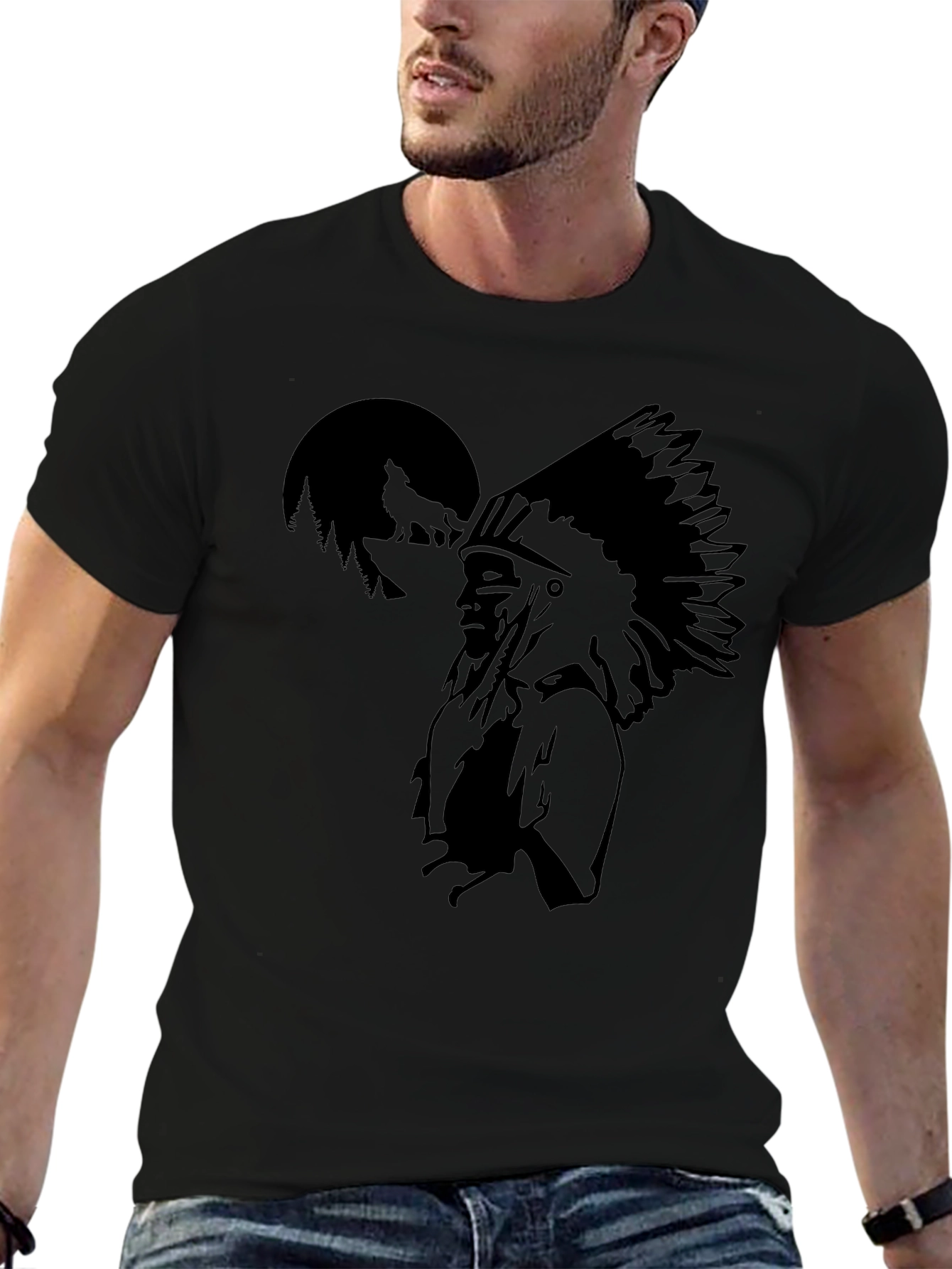 Native American Chief Graphic Black T-Shirt