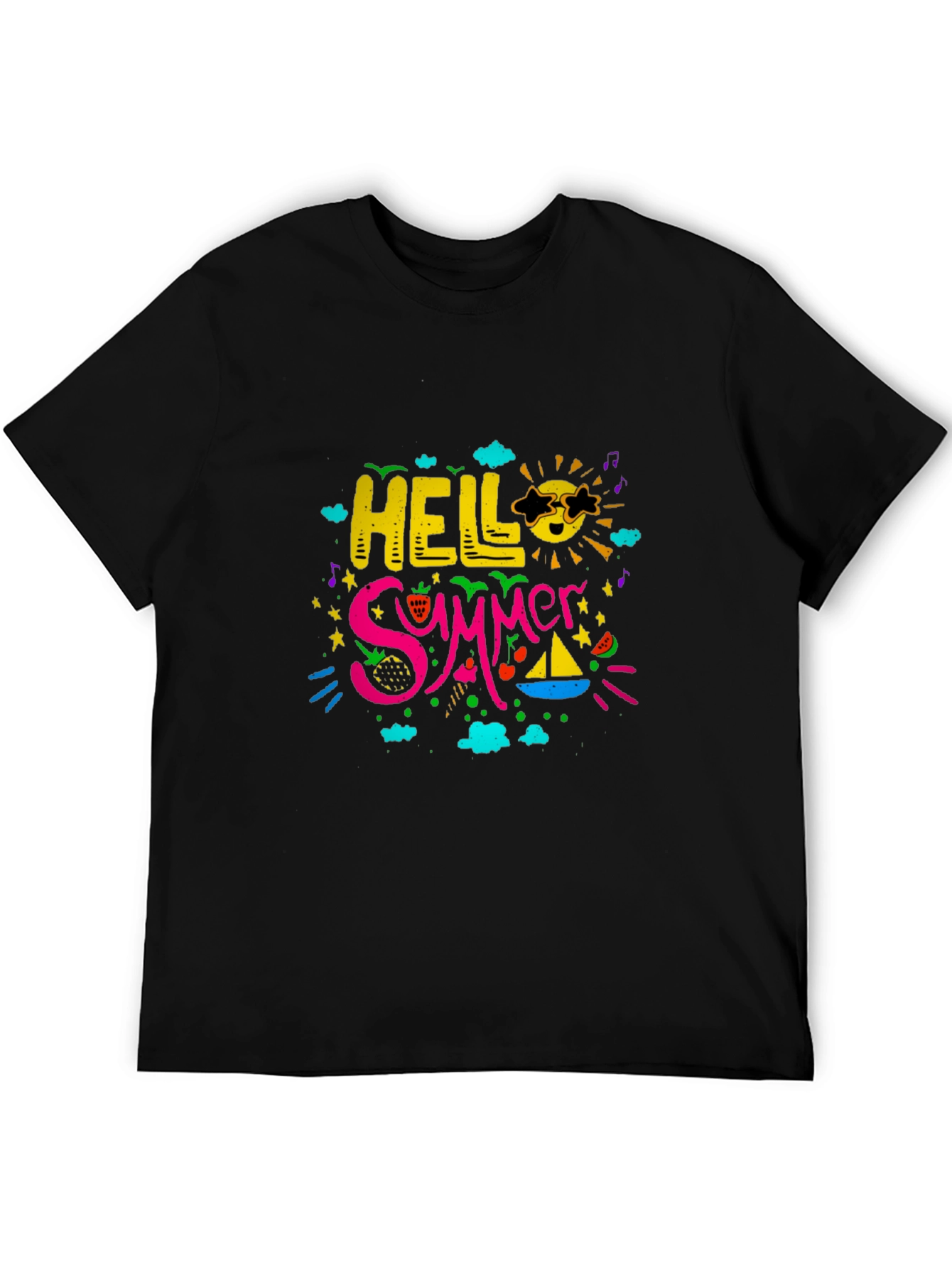 Hello Summer Graphic Print Black T-Shirt