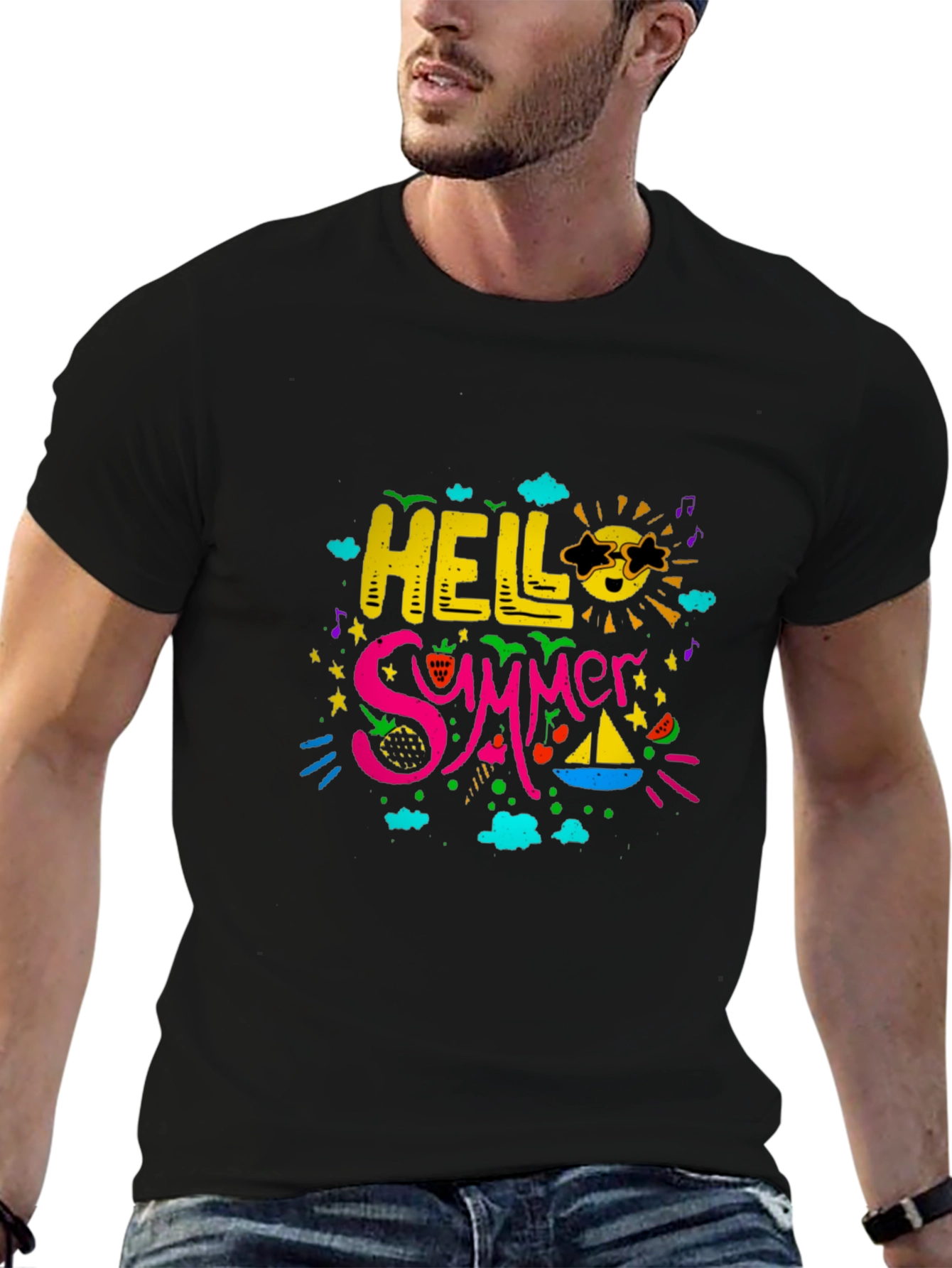 Hello Summer Graphic Print Black T-Shirt