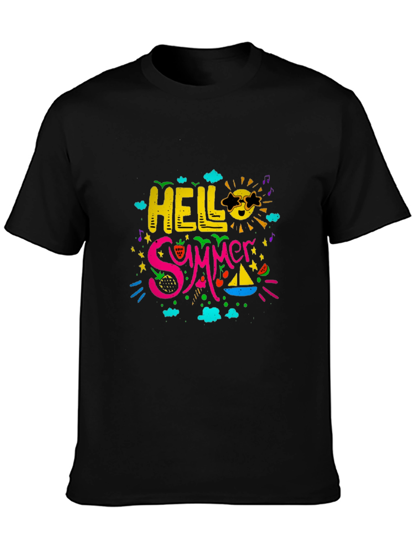 Hello Summer Graphic Print Black T-Shirt