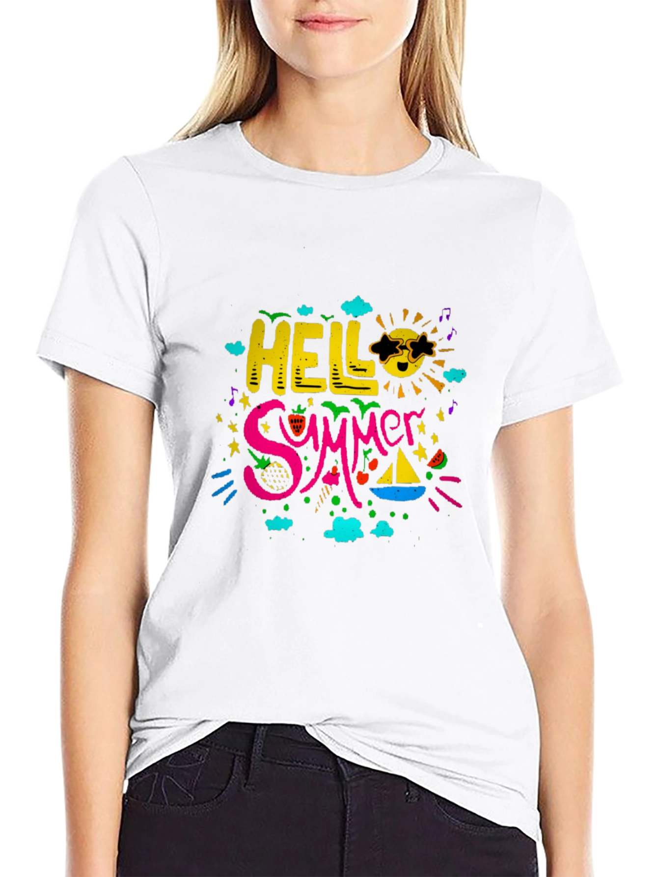 Hello Summer Graphic Print Black T-Shirt