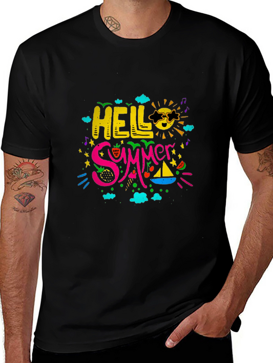 Hello Summer Graphic Print Black T-Shirt