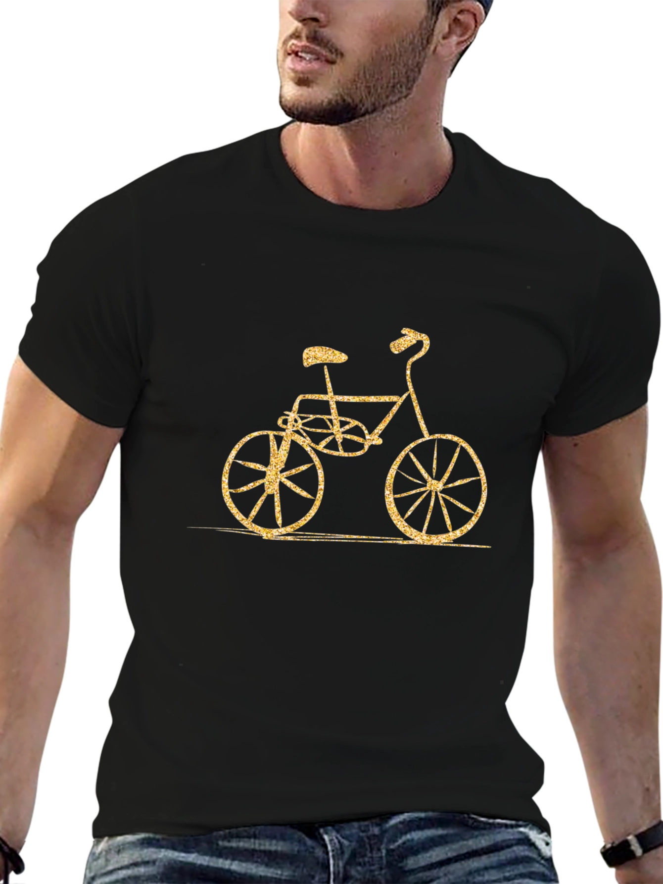 Stylish Black T-Shirt with Gold Bicycle Design