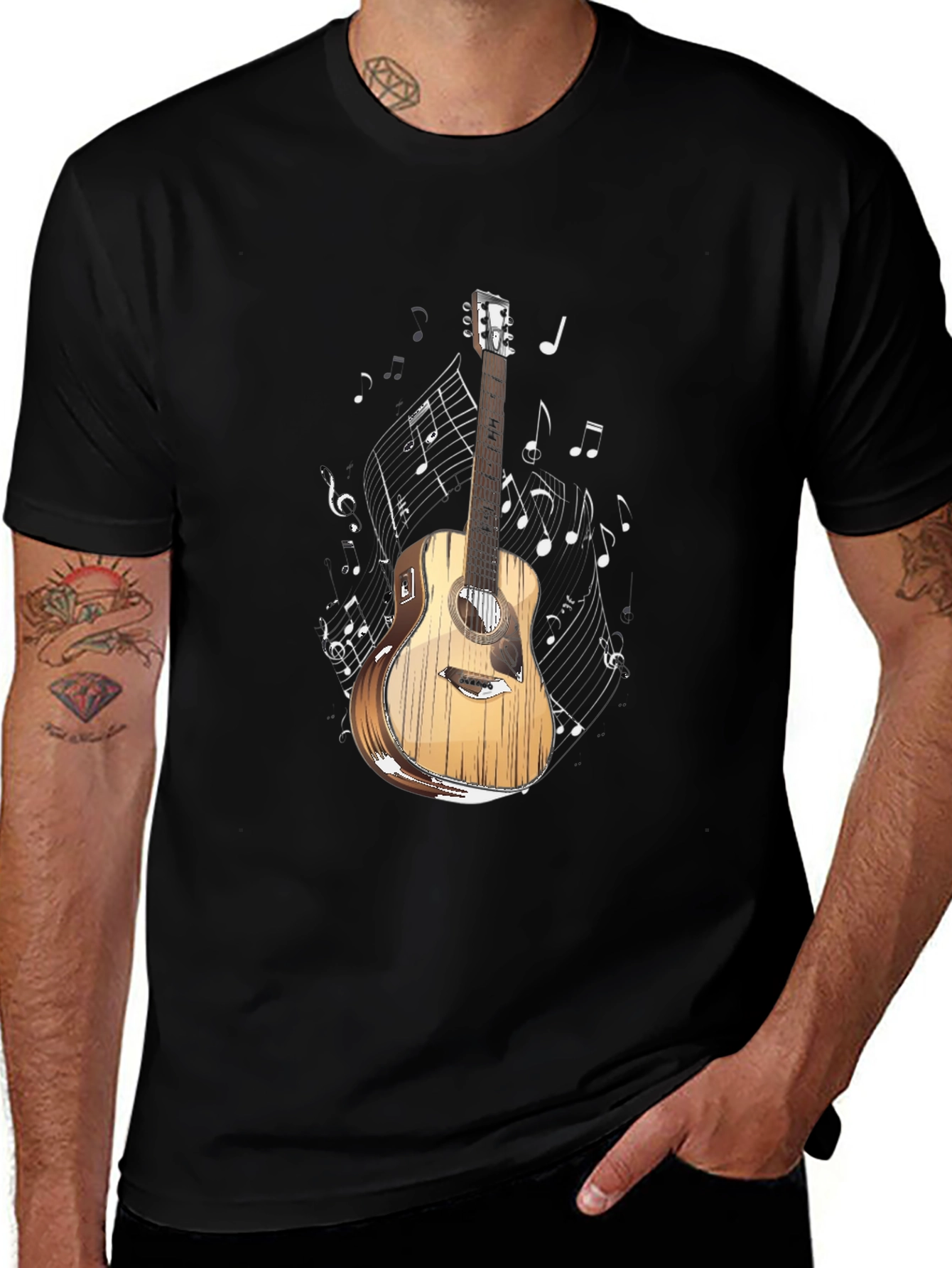 Guitar and Music Notes Graphic T-Shirt