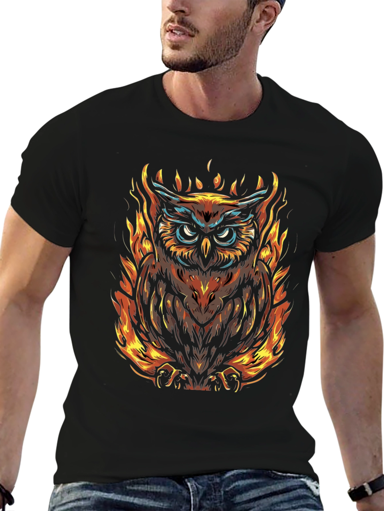Fiery Owl Graphic Tee - Mens Black T-Shirt