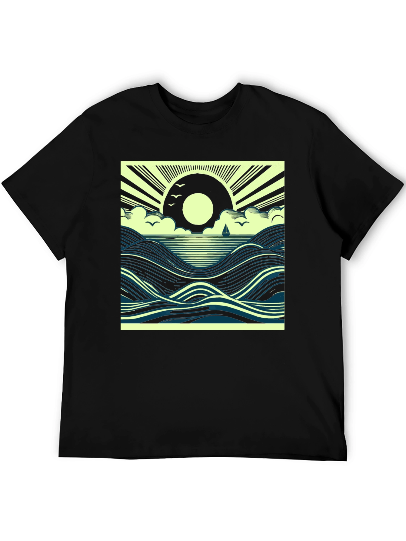Ocean Sunrise Graphic Tee - Black Cotton T-Shirt