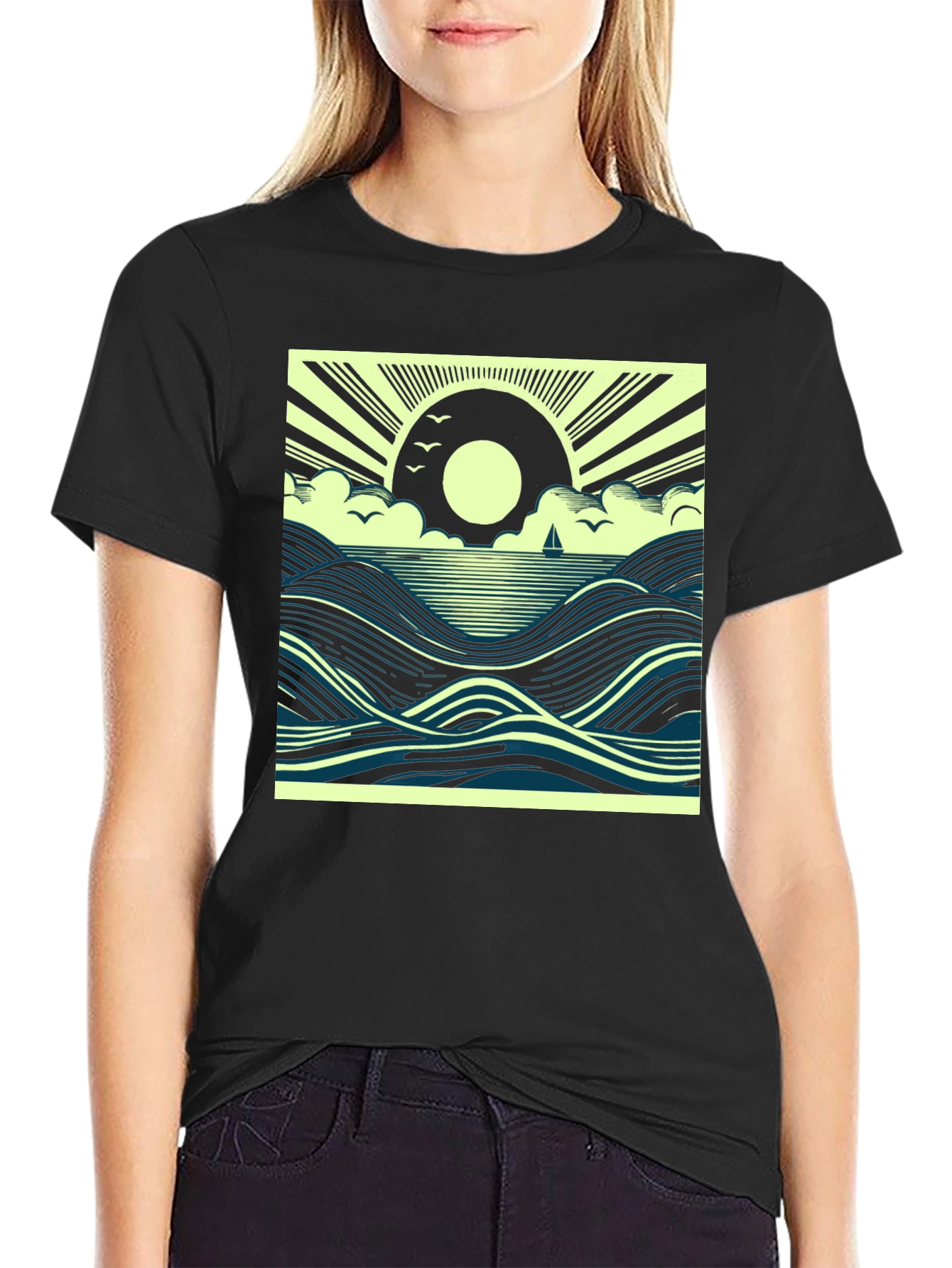 Ocean Sunrise Graphic Tee - Black Cotton T-Shirt