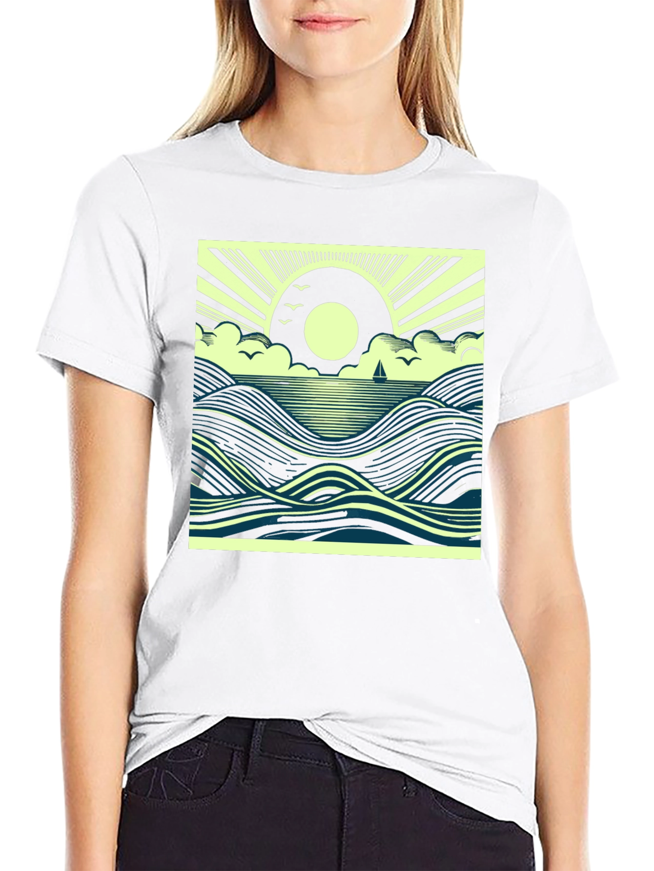 Ocean Sunrise Graphic Tee - Black Cotton T-Shirt