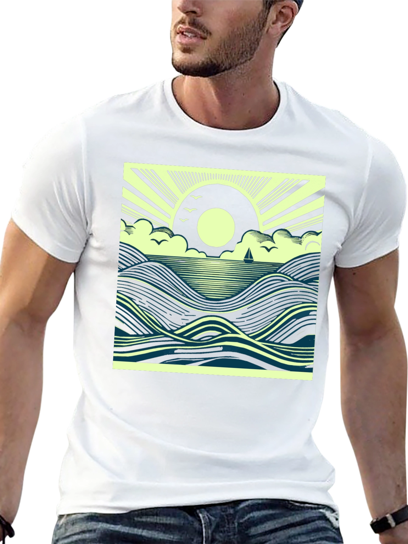 Ocean Sunrise Graphic Tee - Black Cotton T-Shirt