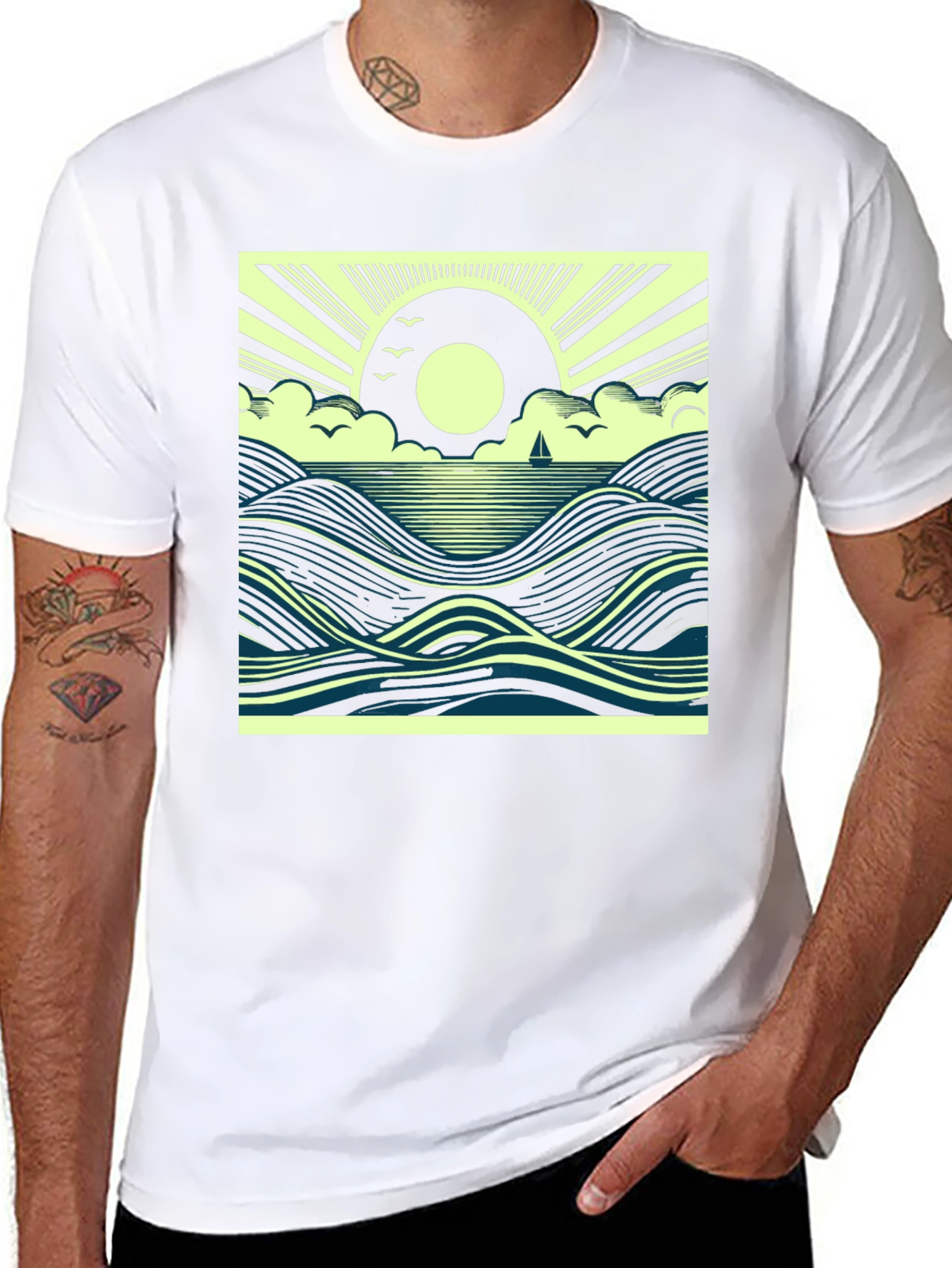 Ocean Sunrise Graphic Tee - Black Cotton T-Shirt