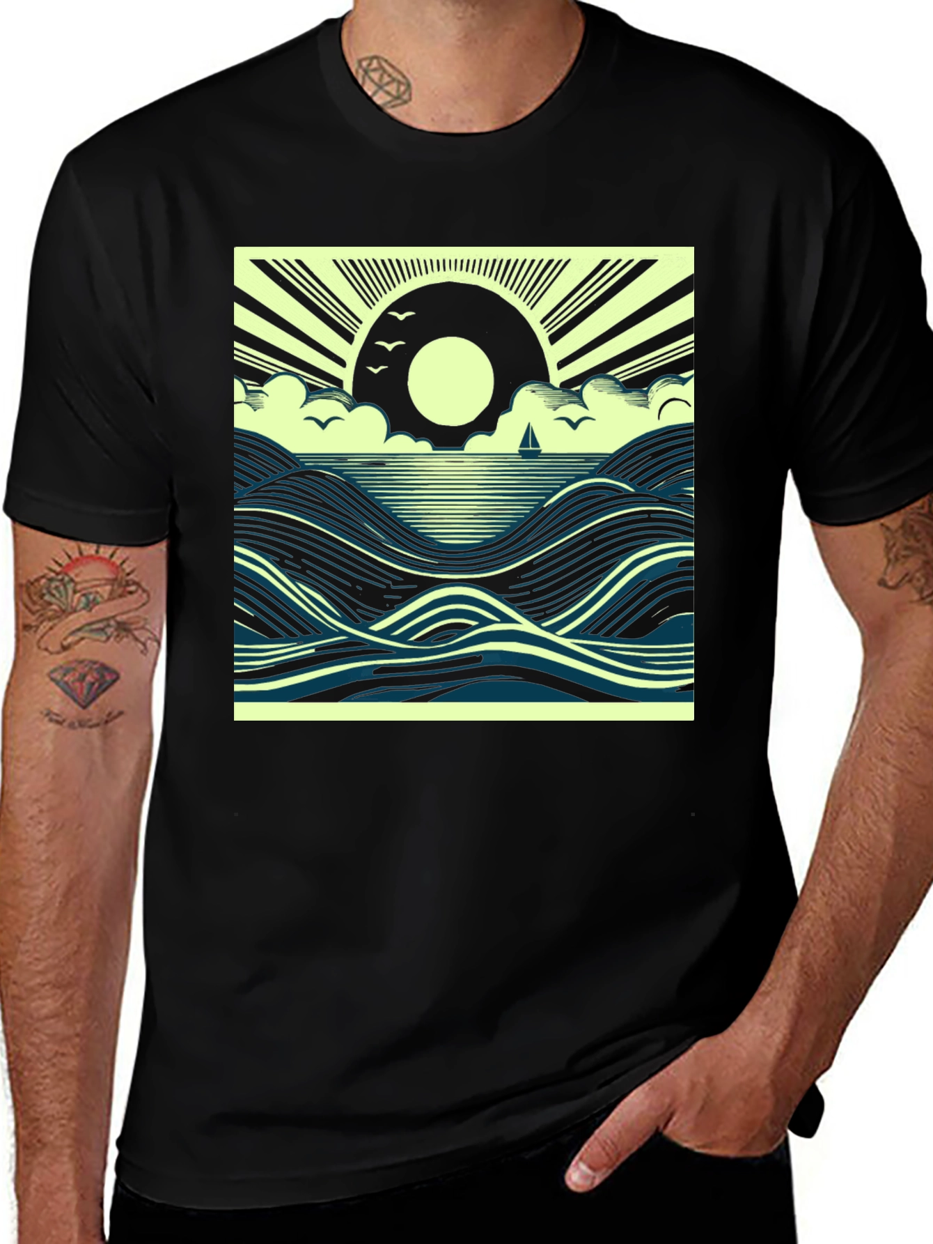 Ocean Sunrise Graphic Tee - Black Cotton T-Shirt