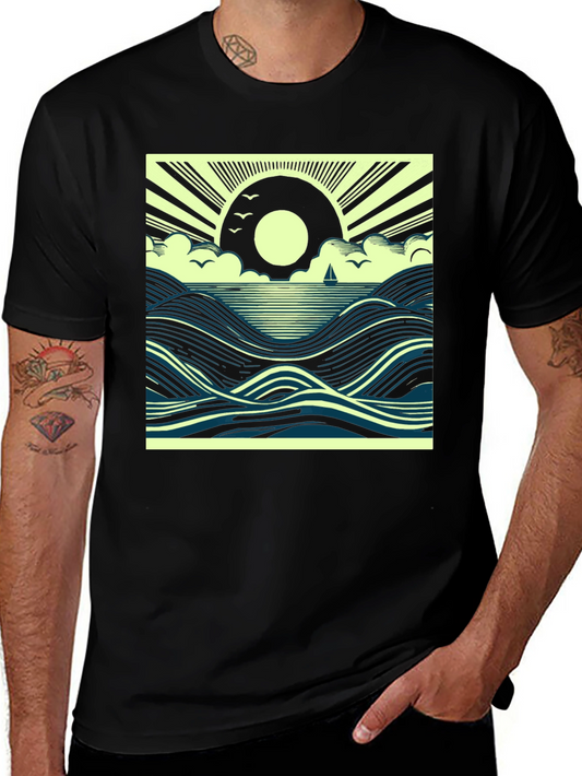 Ocean Sunrise Graphic Tee - Black Cotton T-Shirt