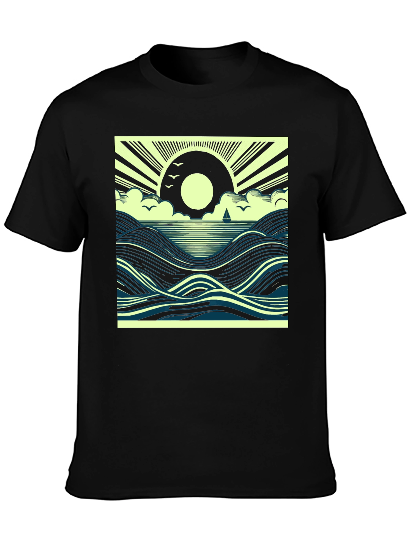 Ocean Sunrise Graphic Tee - Black Cotton T-Shirt