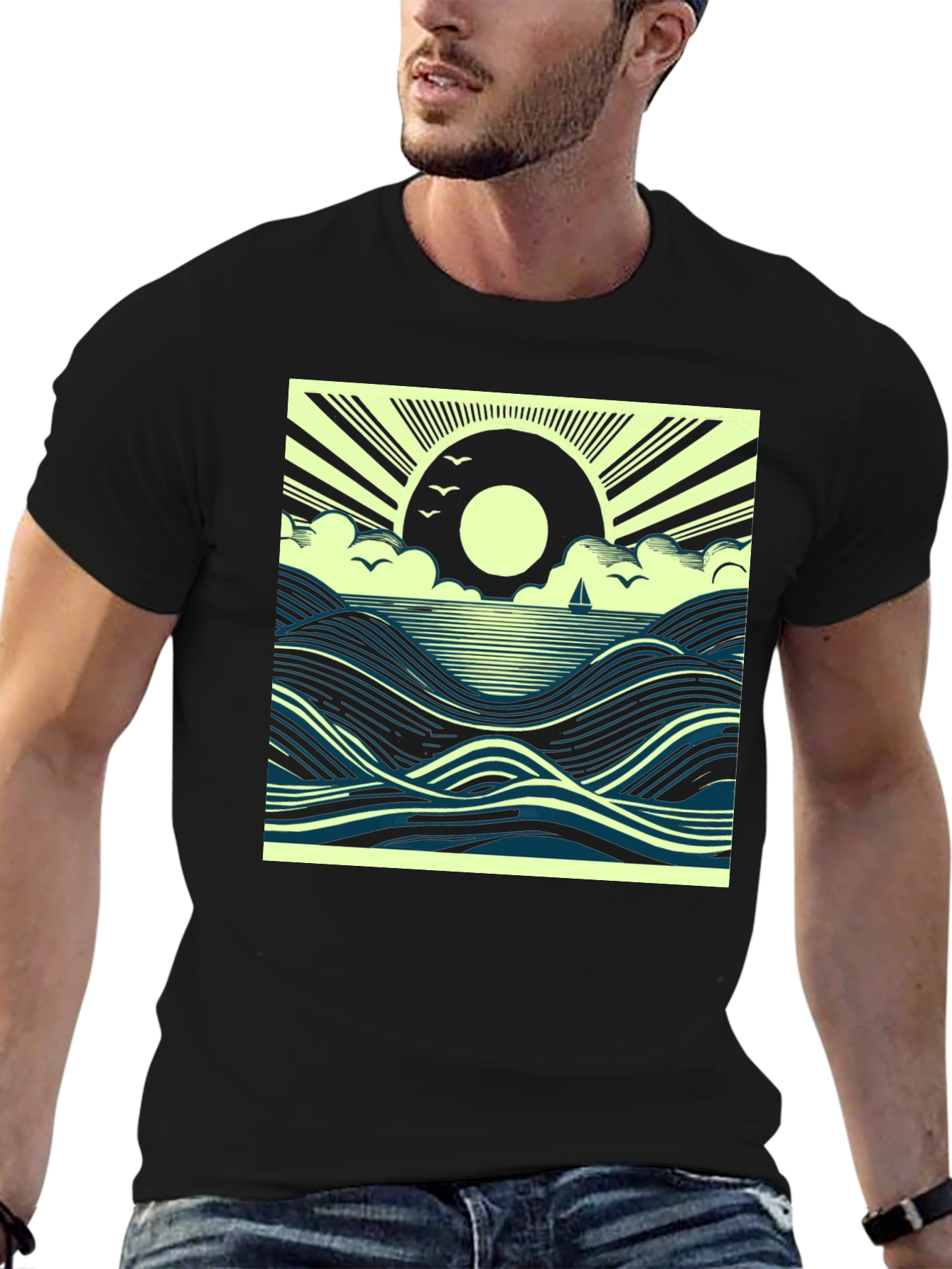 Ocean Sunrise Graphic Tee - Black Cotton T-Shirt