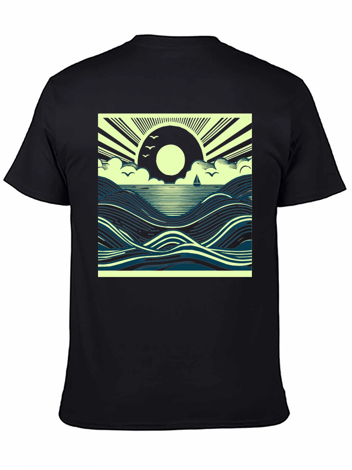 Ocean Sunrise Graphic Tee - Black Cotton T-Shirt