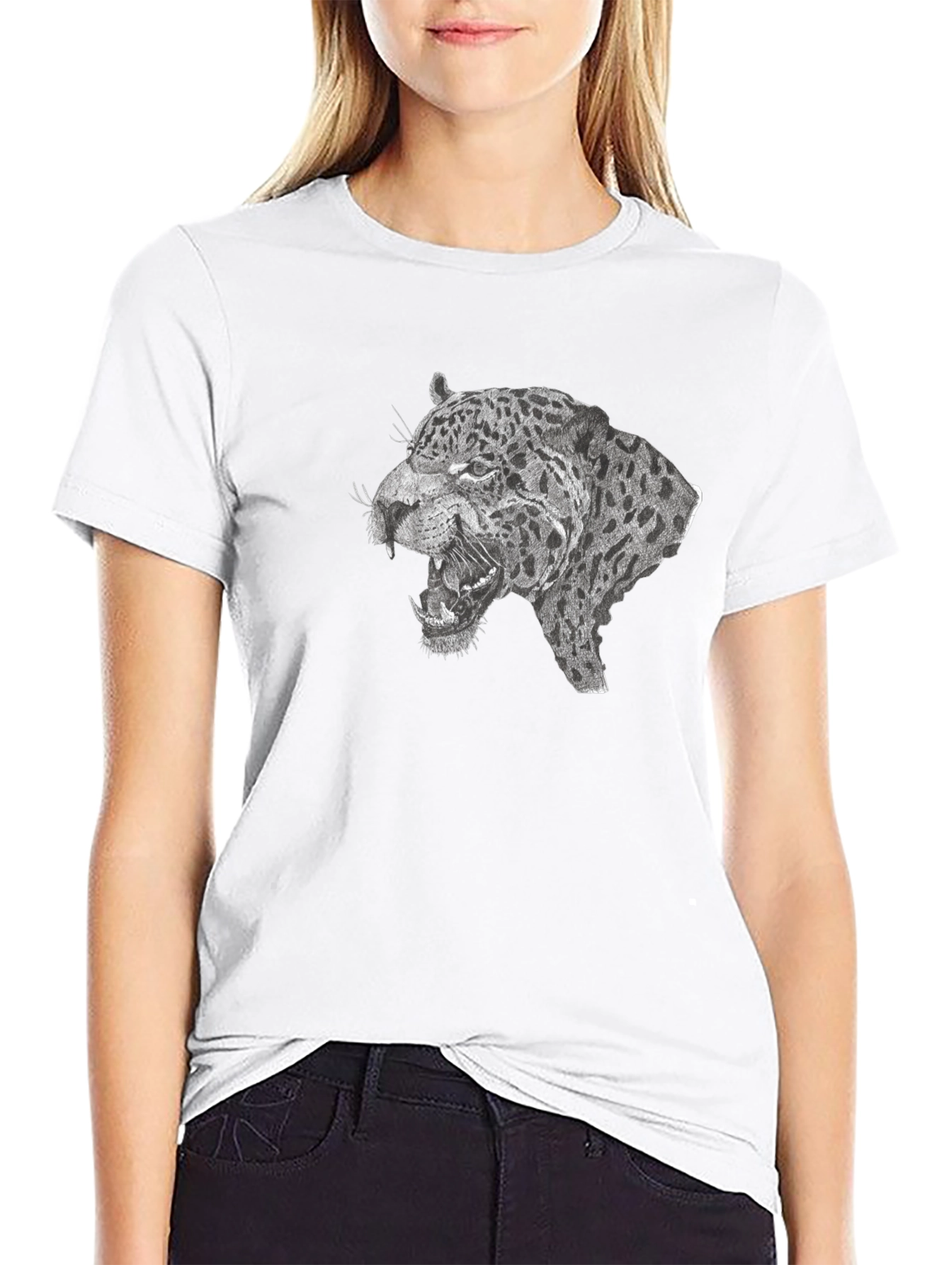 Black T-Shirt with Roaring Leopard Graphic