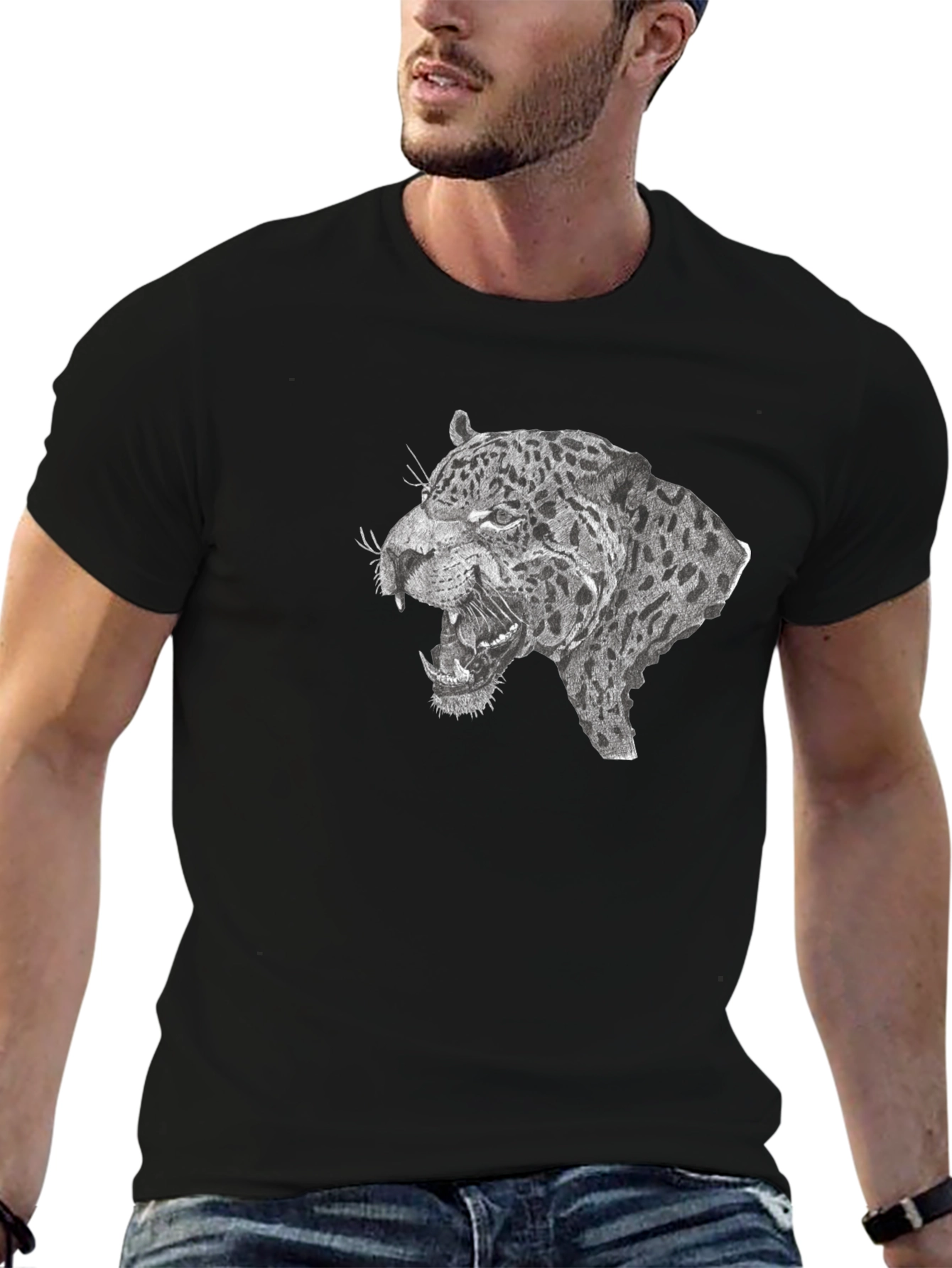 Black T-Shirt with Roaring Leopard Graphic