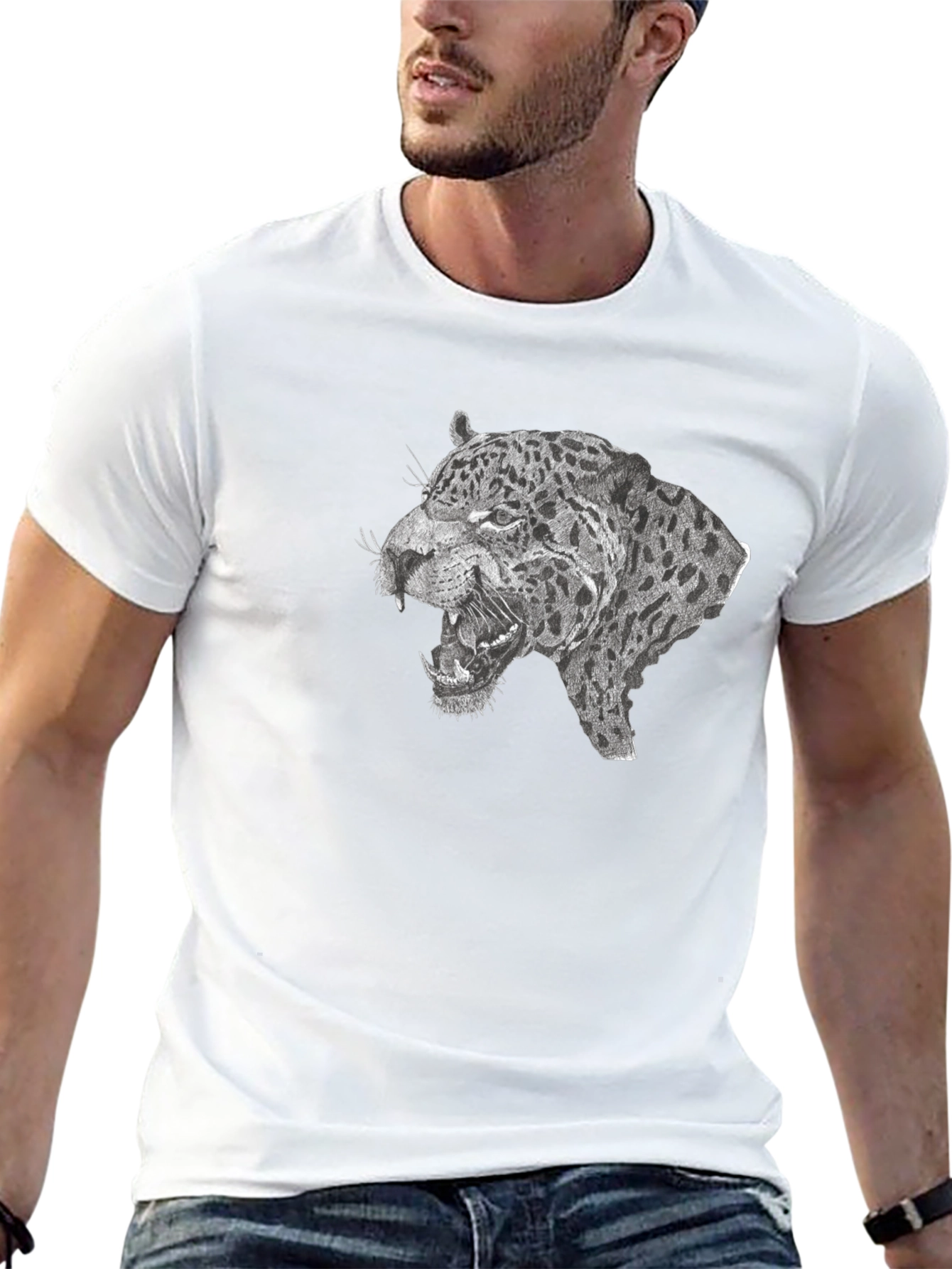 Black T-Shirt with Roaring Leopard Graphic