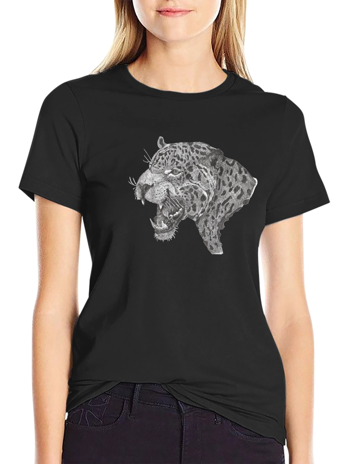 Black T-Shirt with Roaring Leopard Graphic