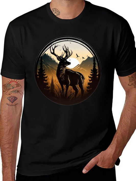 Stag Graphic Tee - Nature Scene Black T-Shirt