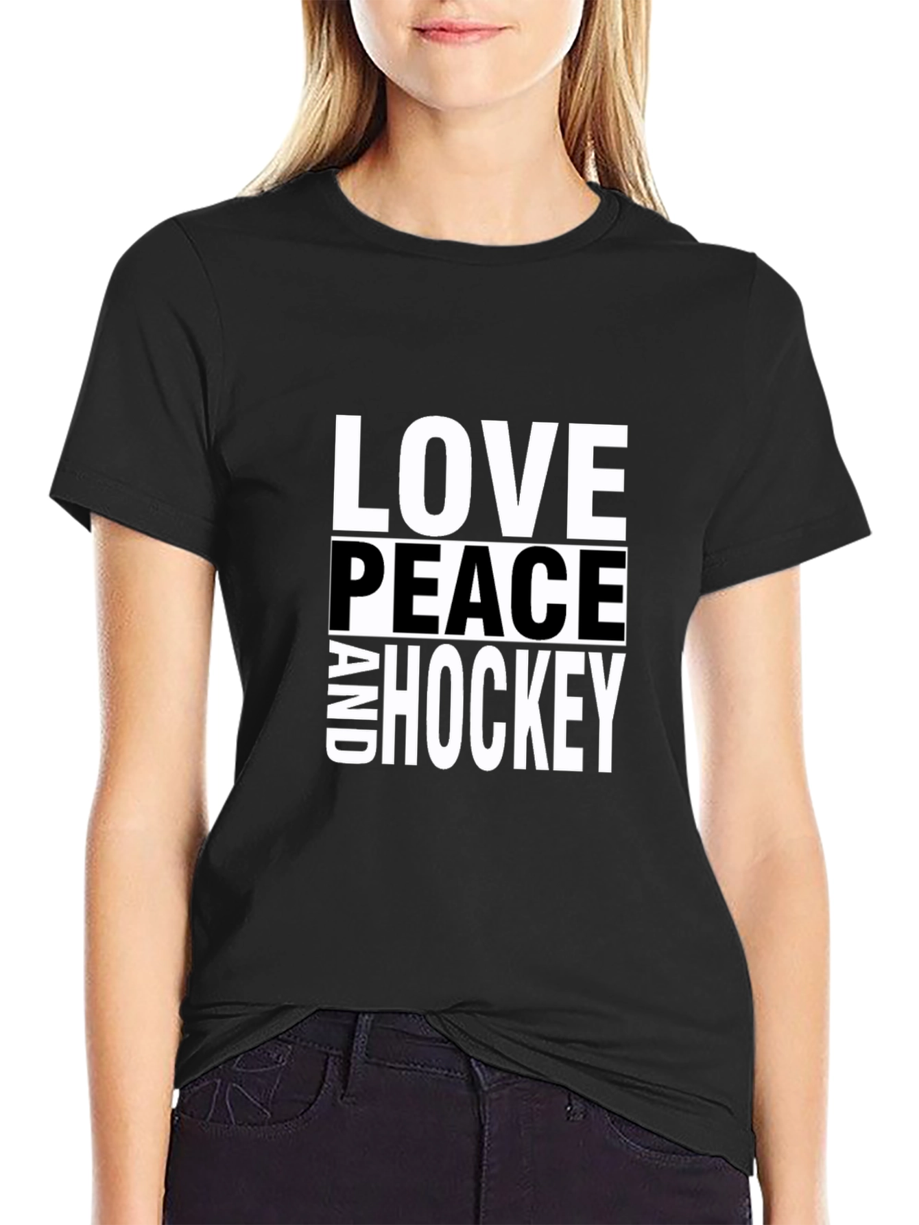 Love Peace and Hockey Black T-Shirt