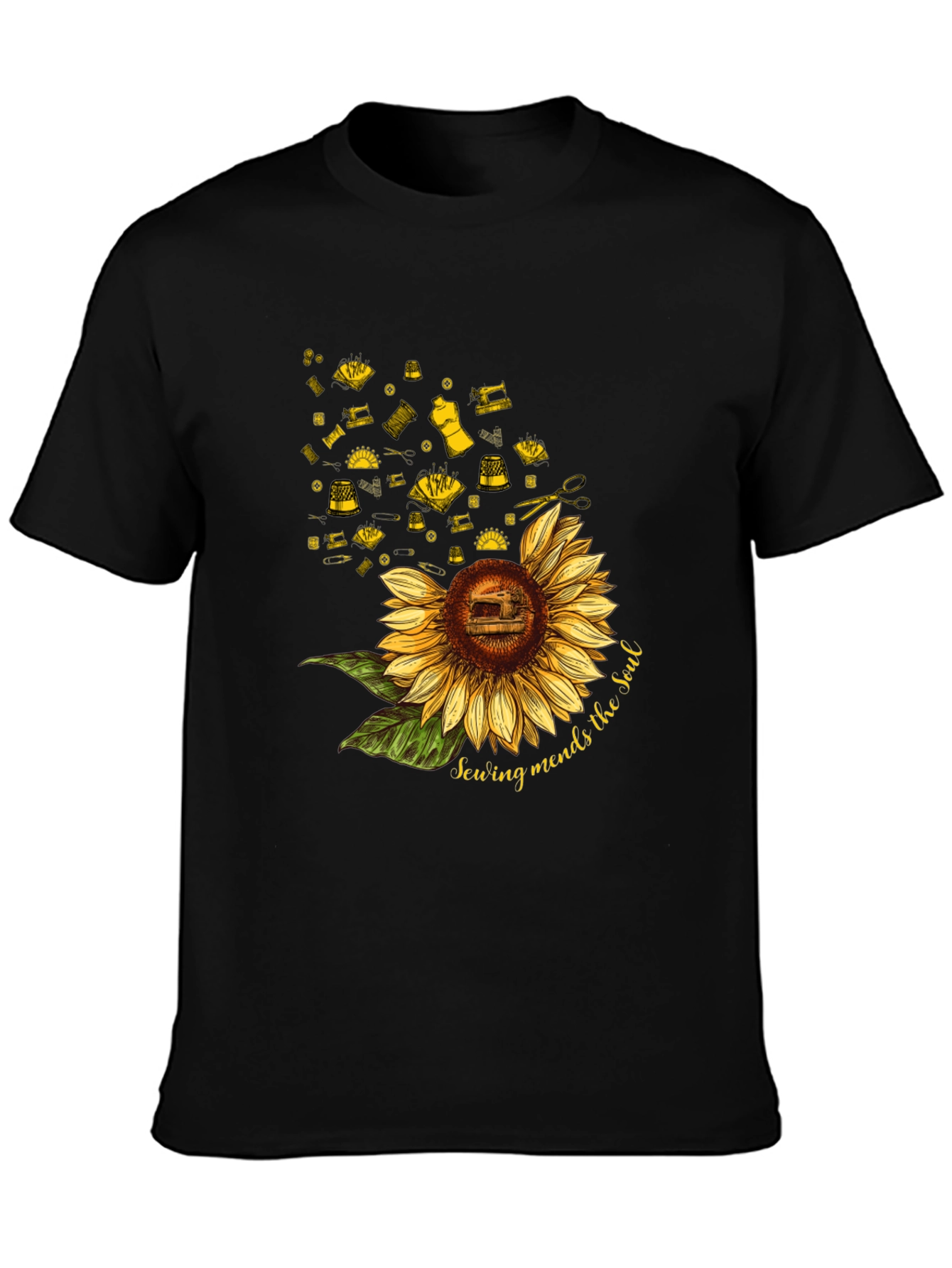 Sewing Mends the Soul Sunflower Black T-Shirt