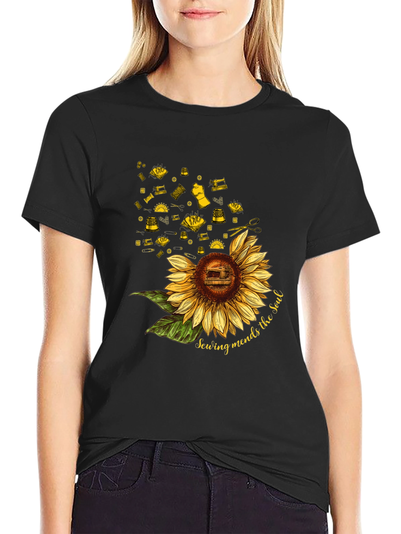 Sewing Mends the Soul Sunflower Black T-Shirt
