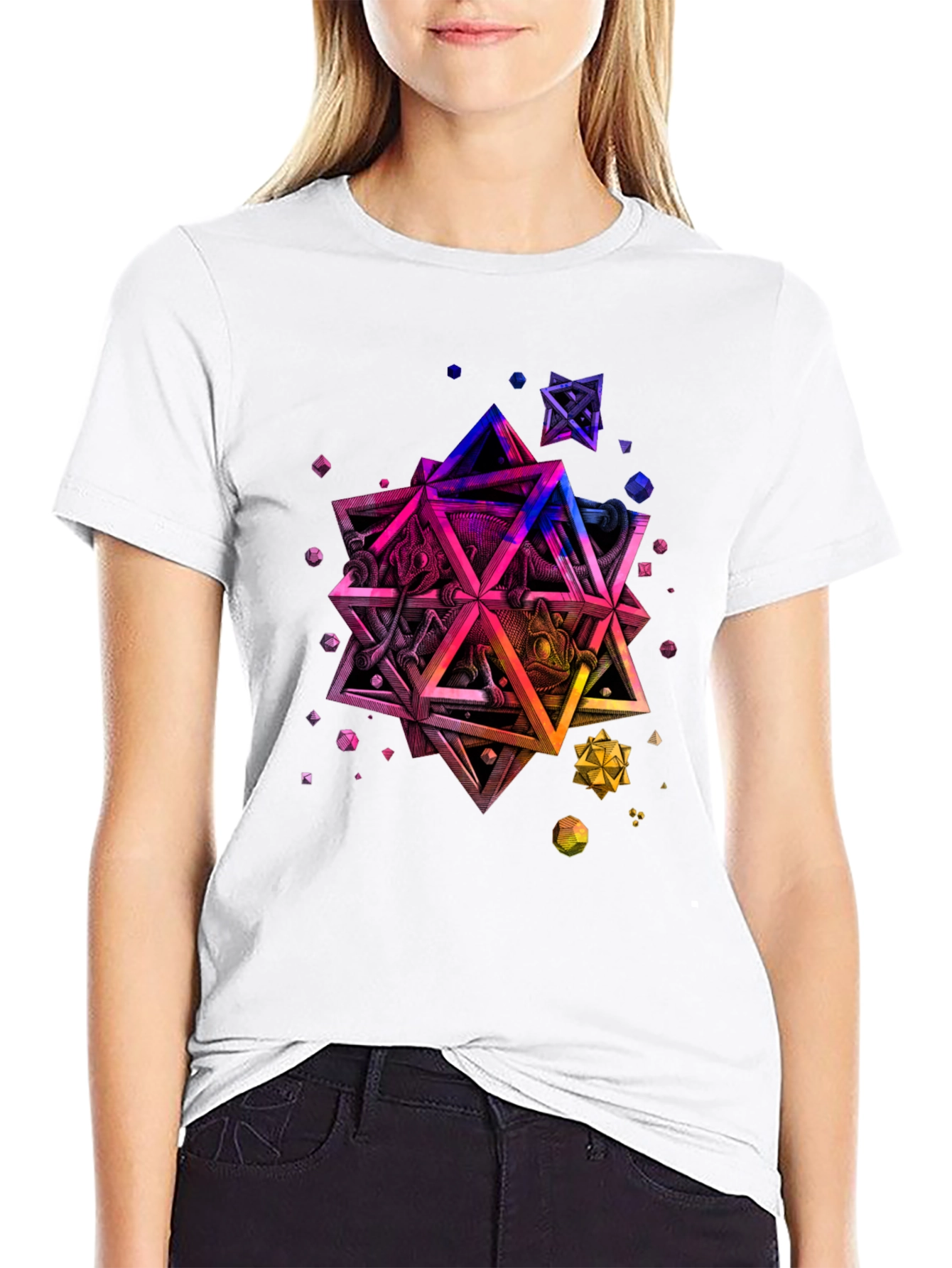 Geometric Chameleon Graphic Tee - Black