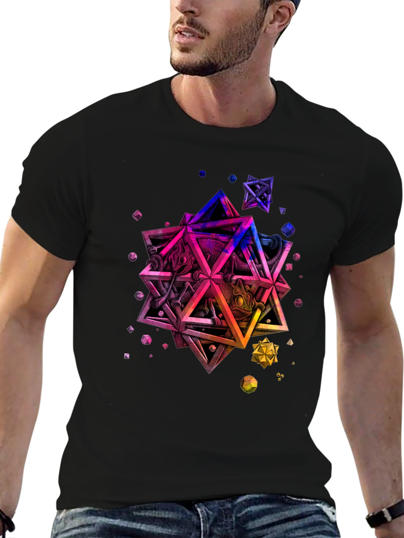 Geometric Chameleon Graphic Tee - Black