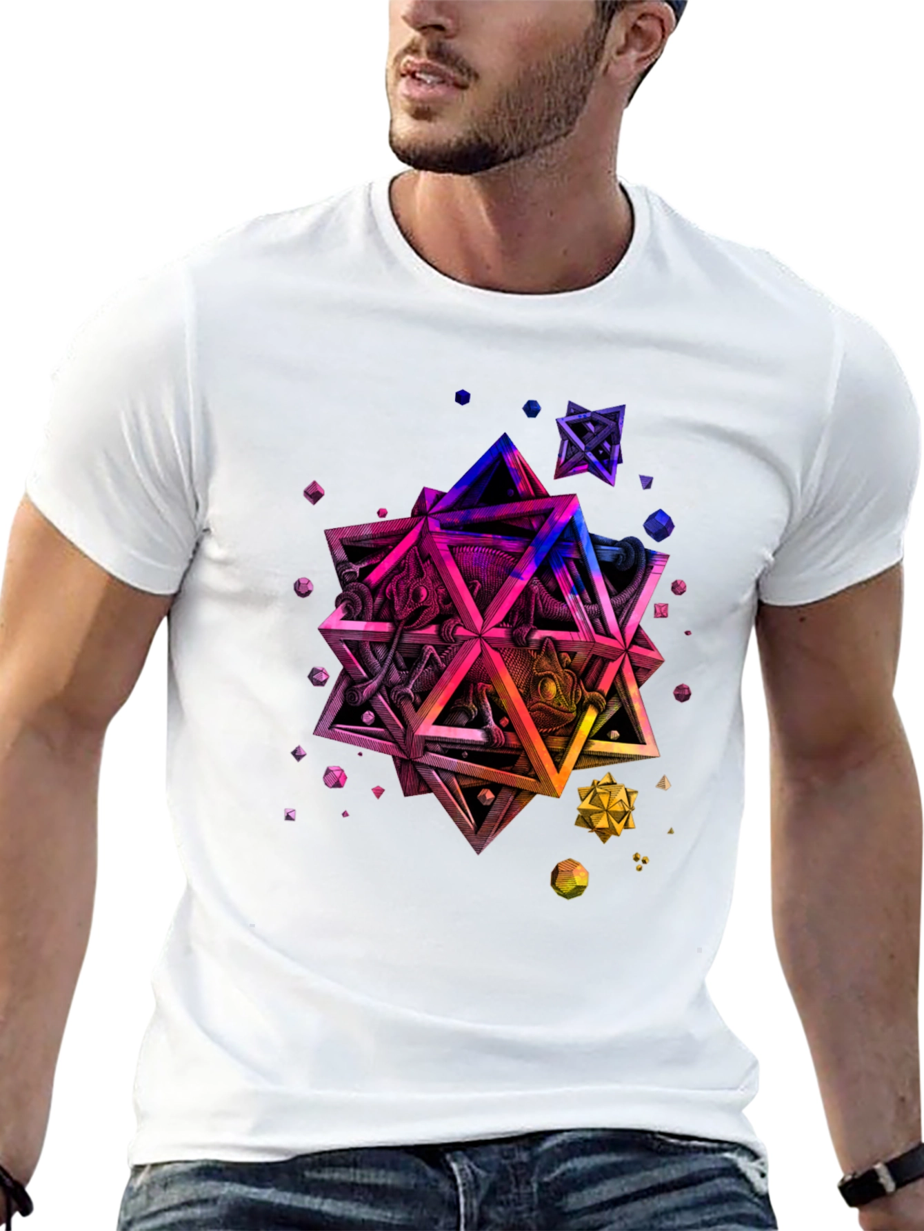 Geometric Chameleon Graphic Tee - Black