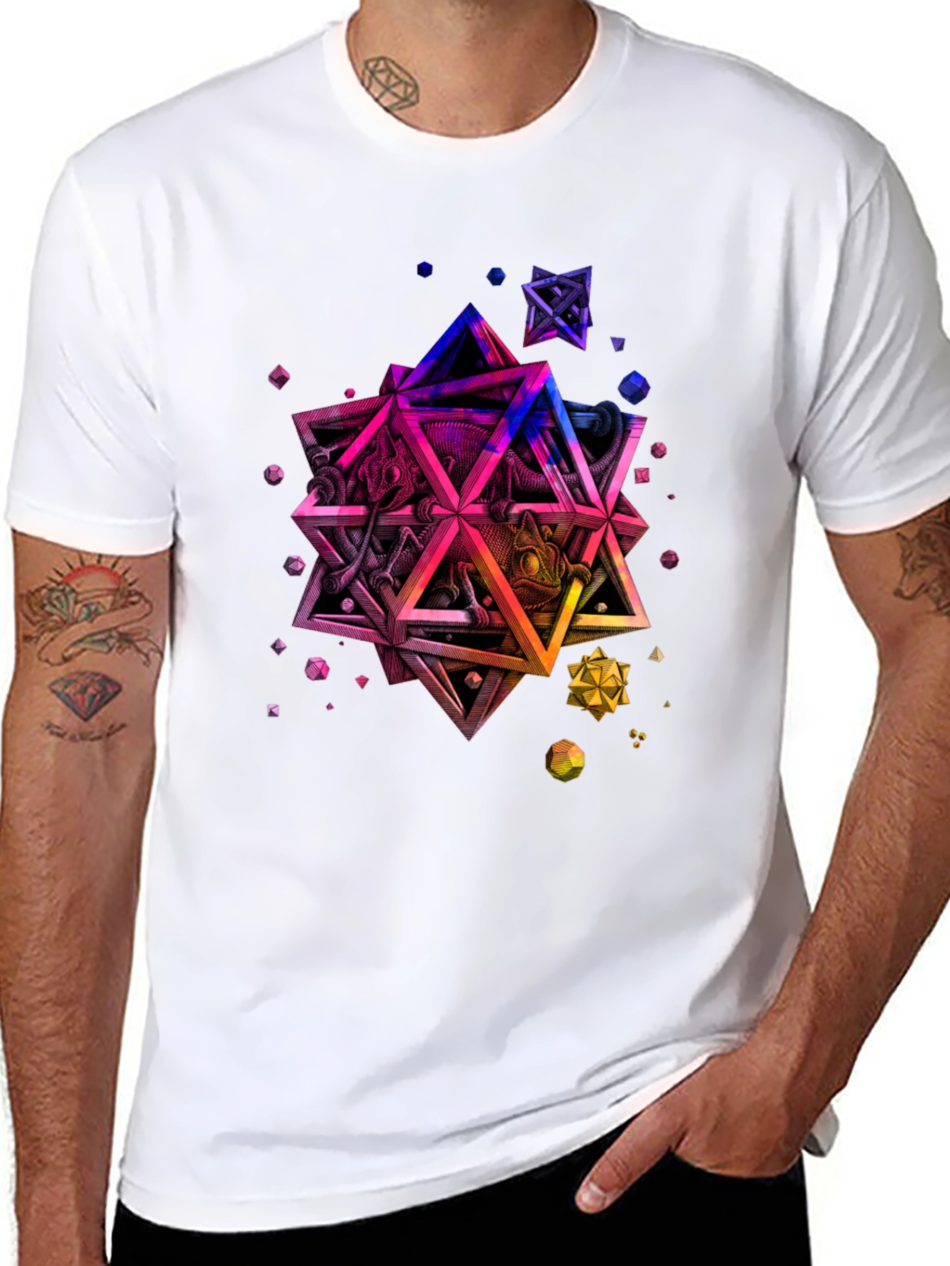 Geometric Chameleon Graphic Tee - Black