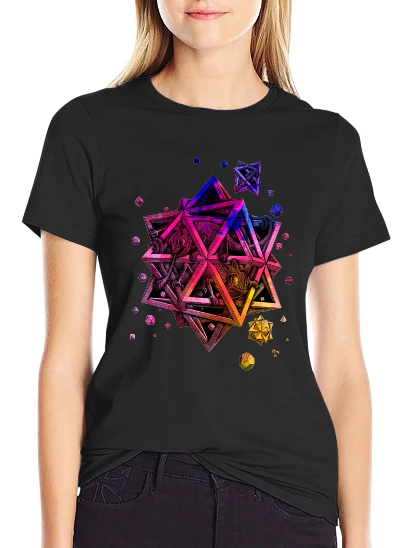 Geometric Chameleon Graphic Tee - Black