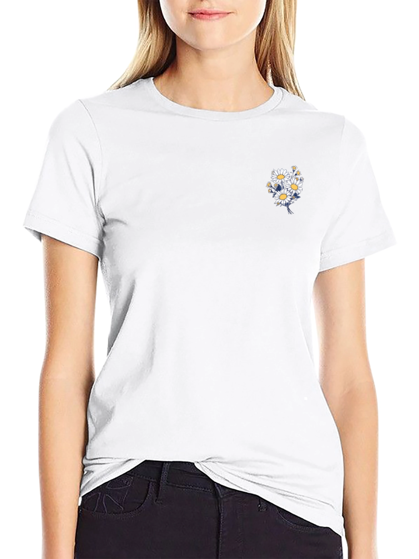 Black T-Shirt with Daisy Bouquet Design
