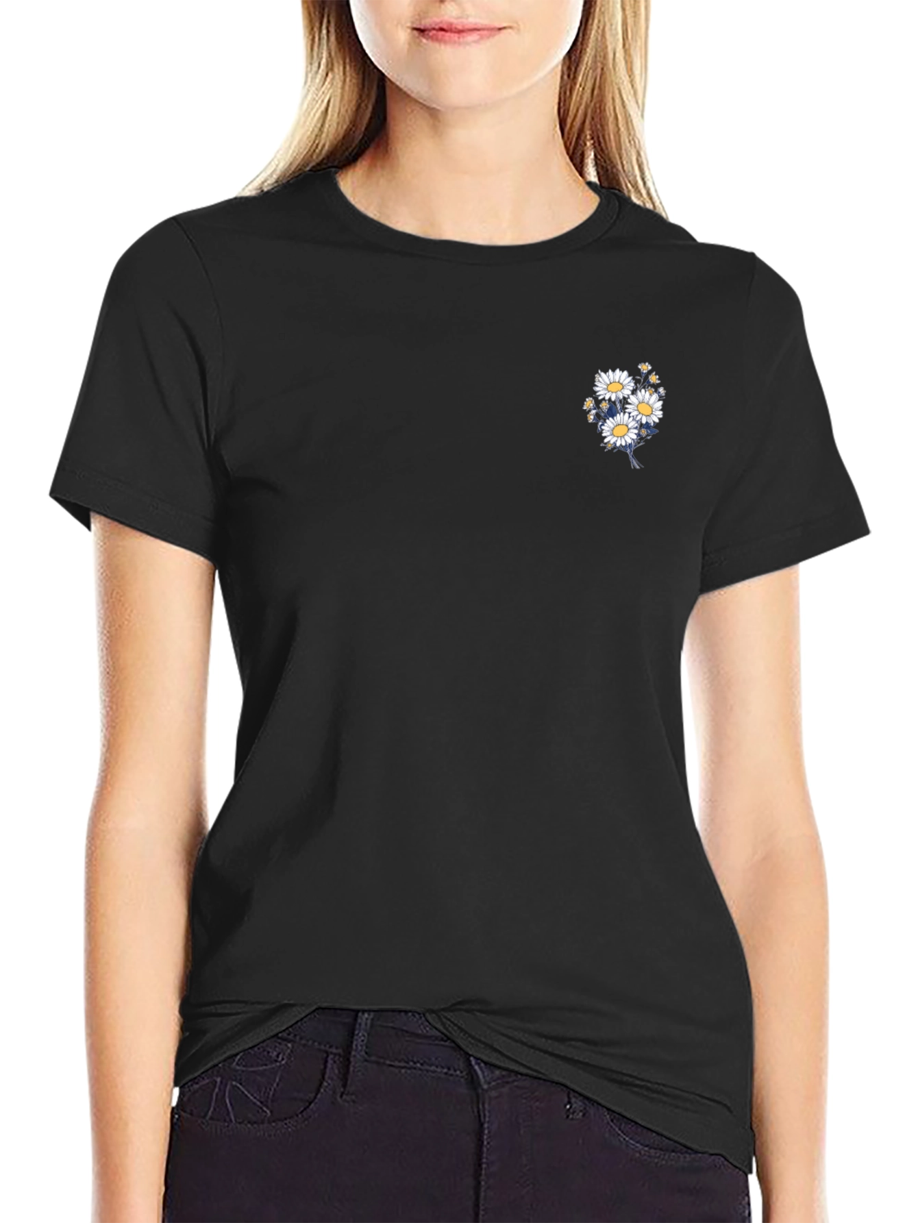 Black T-Shirt with Daisy Bouquet Design