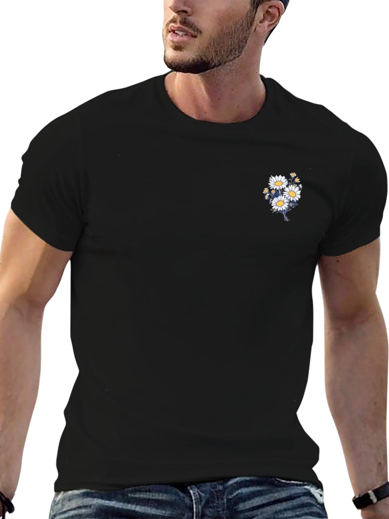 Black T-Shirt with Daisy Bouquet Design