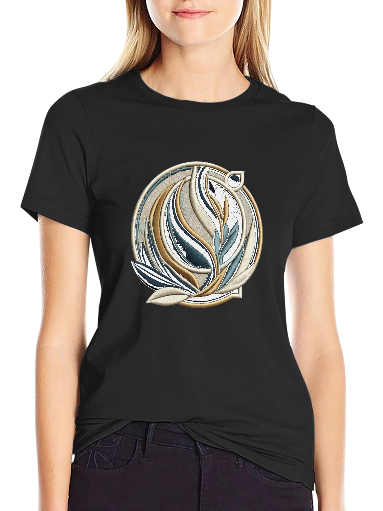 Elegant Botanical Graphic Black T-Shirt