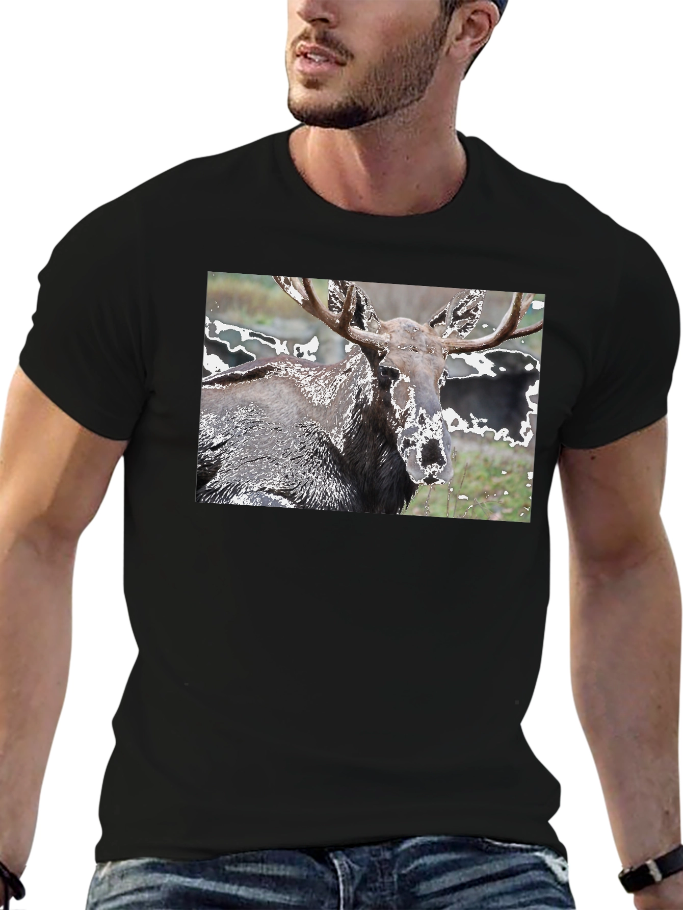 Moose Graphic Print Black T-Shirt