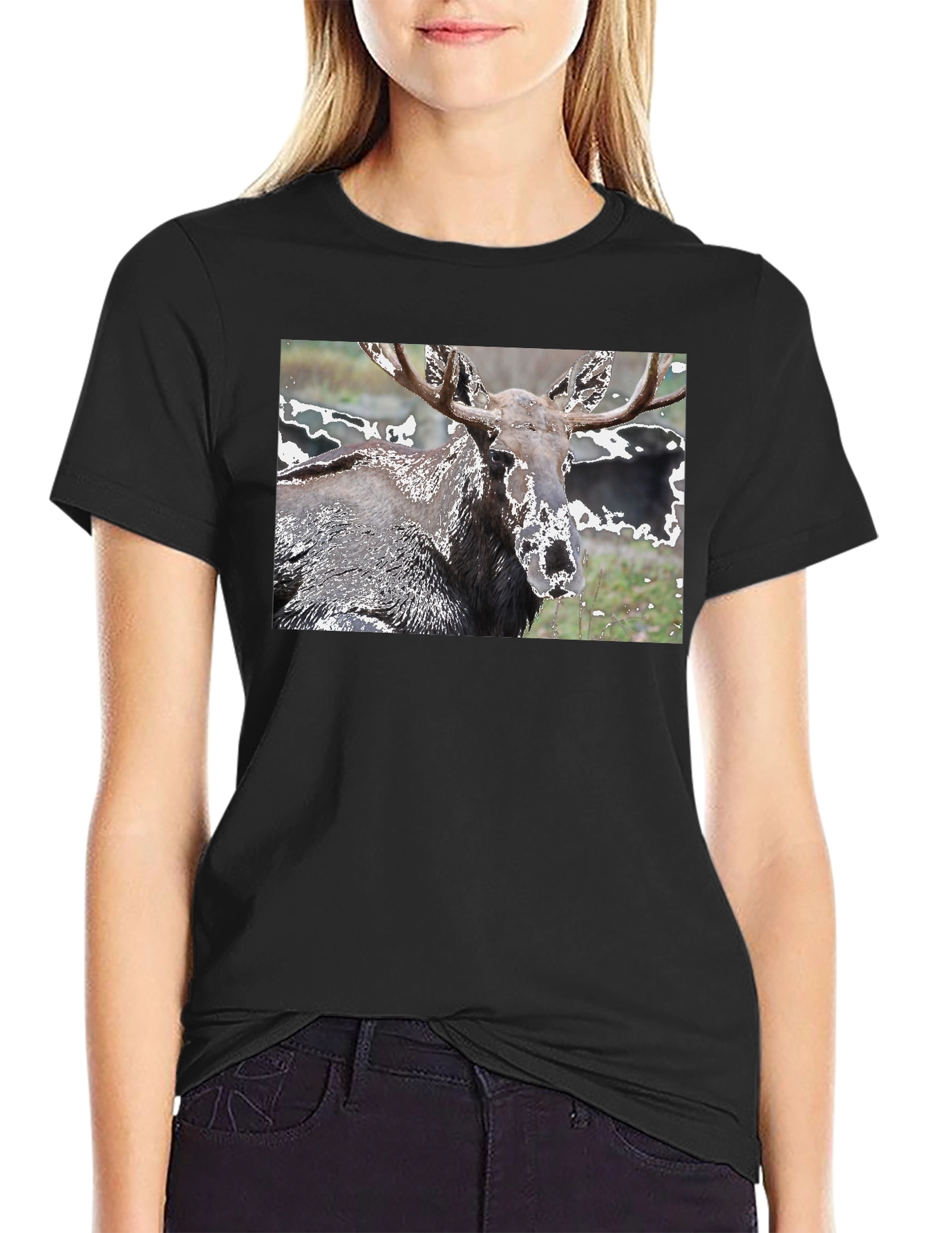 Moose Graphic Print Black T-Shirt