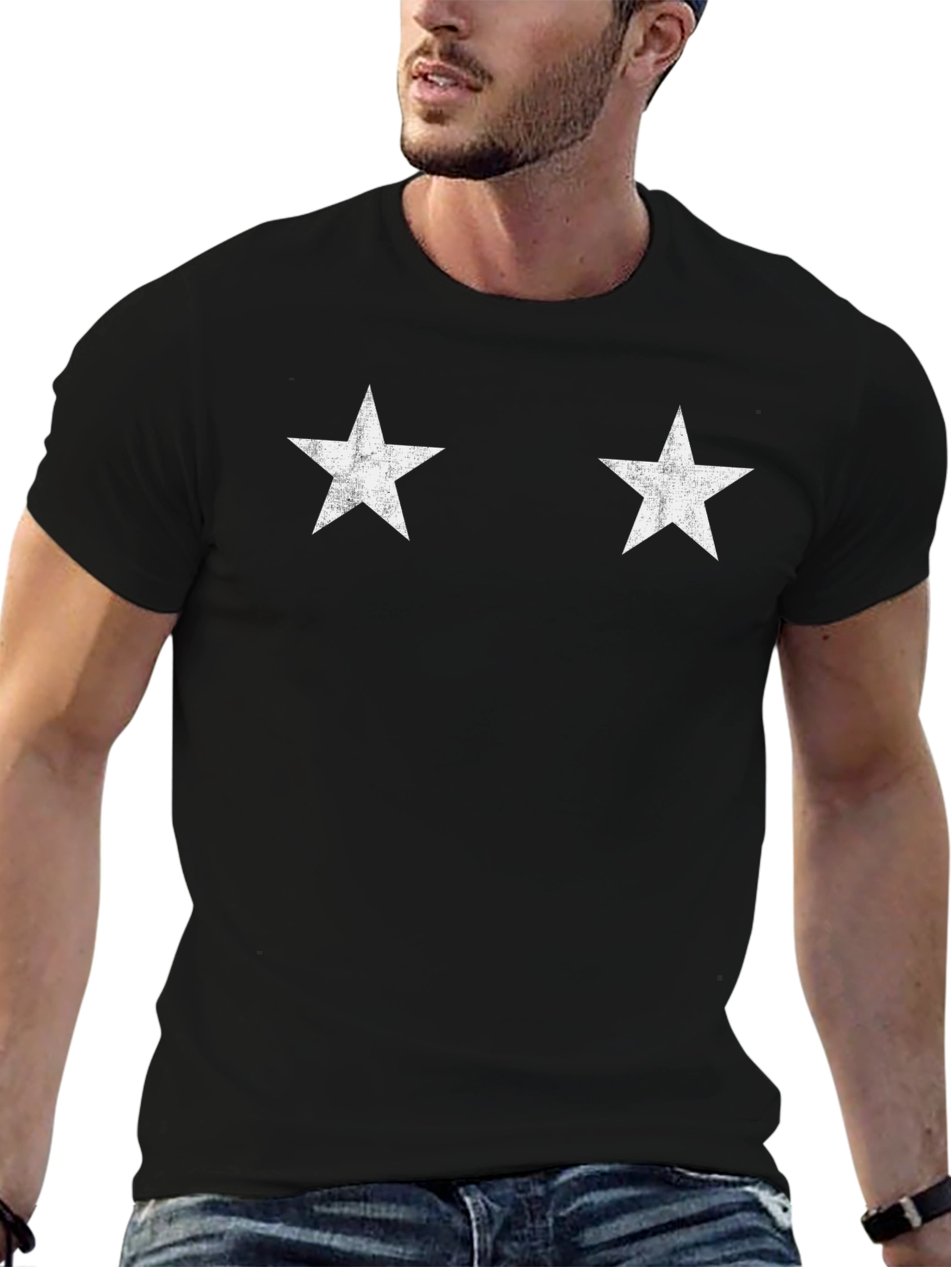 Mens Black T-Shirt with White Star Design