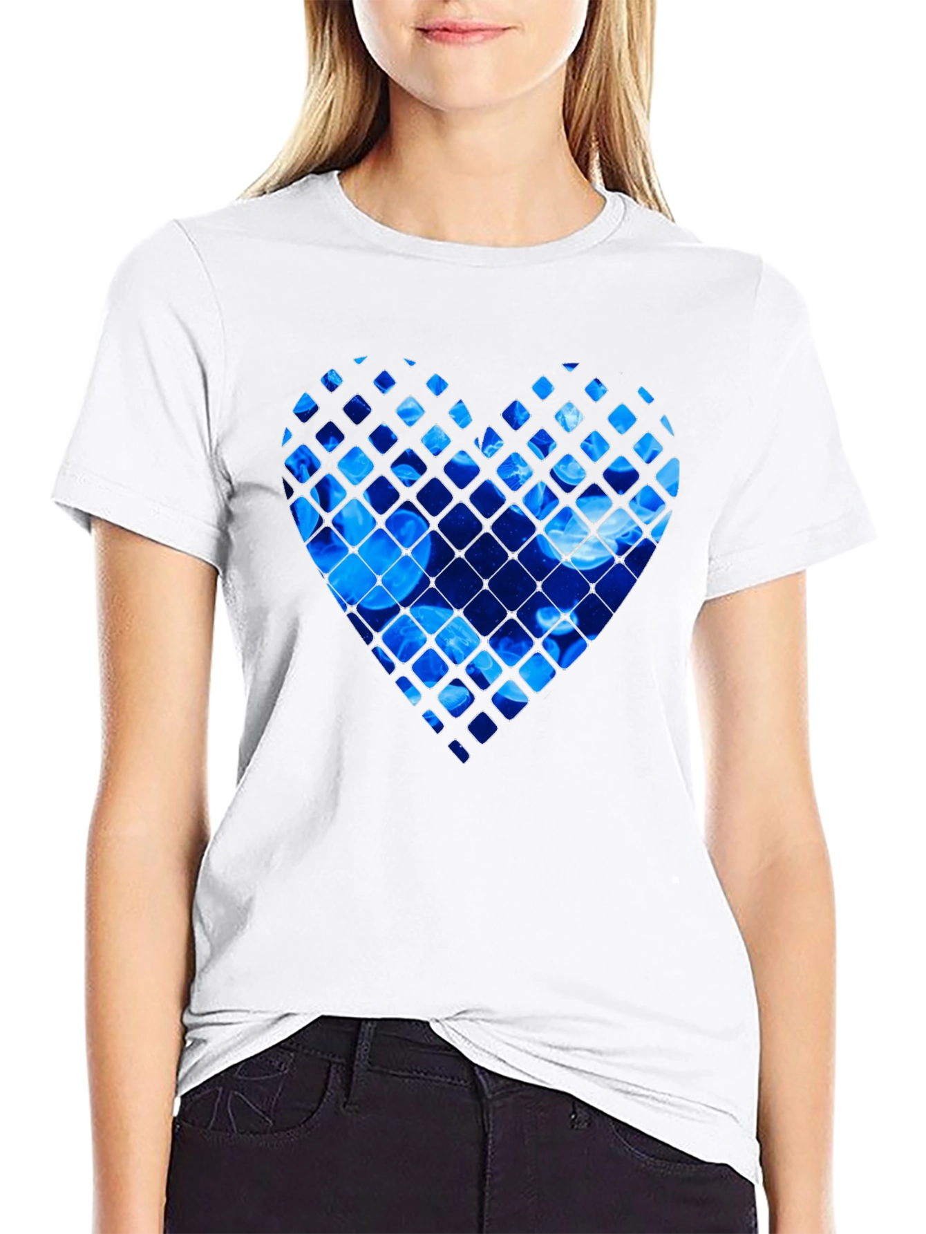 Blue Jellyfish Heart Graphic Black T-Shirt