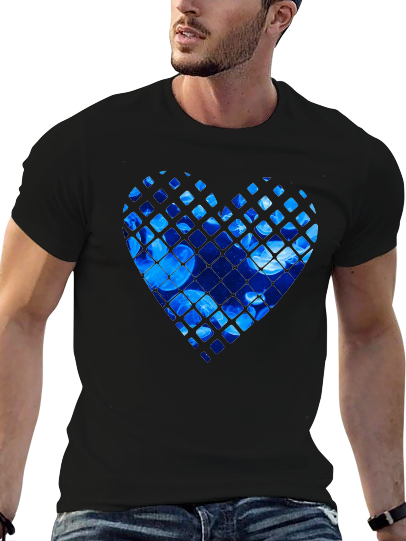 Blue Jellyfish Heart Graphic Black T-Shirt